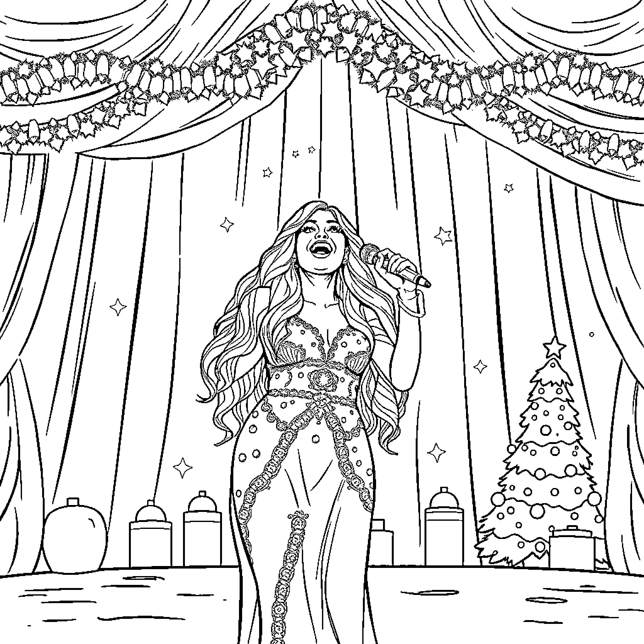 Shakira performing on stage with an extravagant costume Coloring Page (free black-and-white line drawing printable PDF for all, from beginners to advanced learners, including children, teens, adults, and seniors)