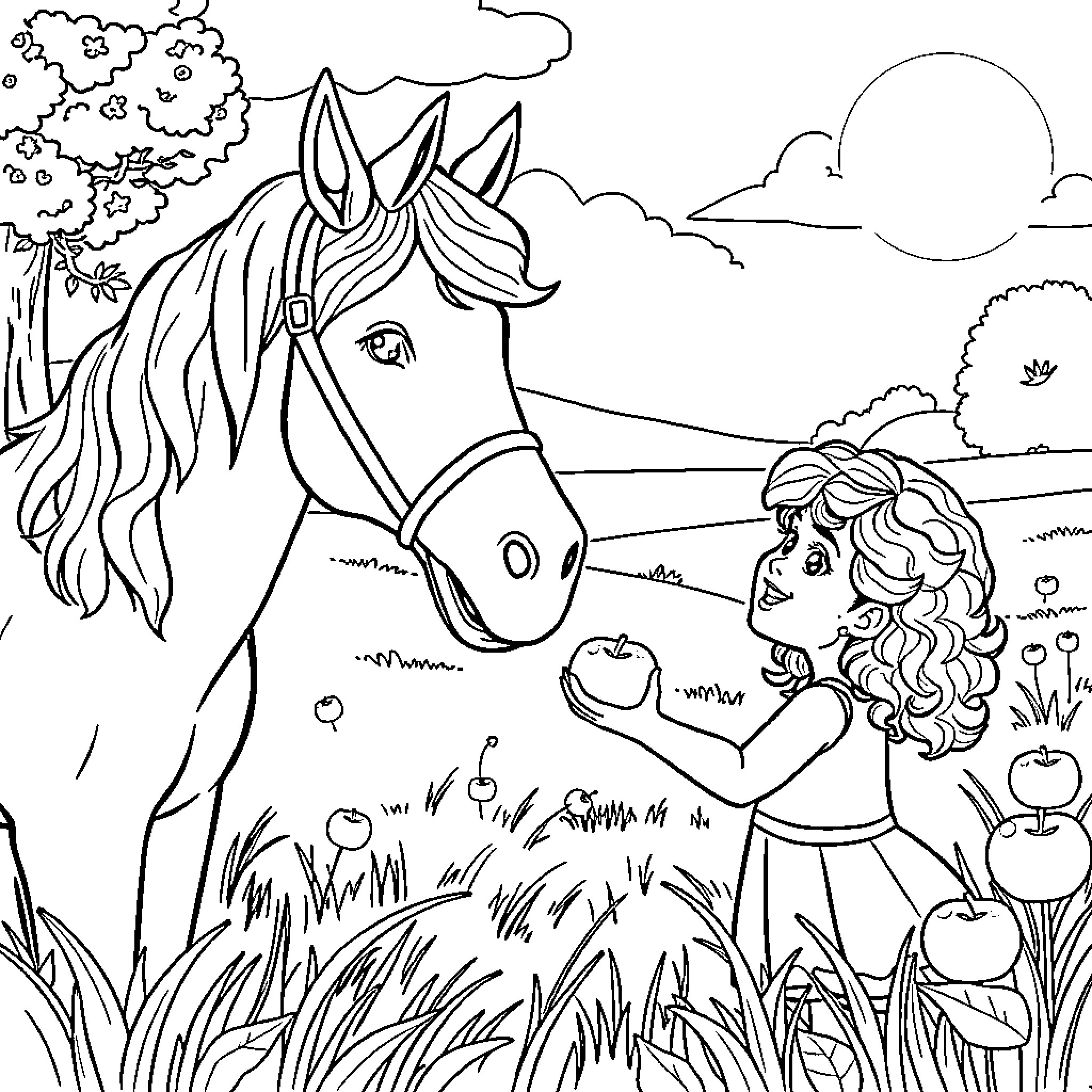 Child interacting with a horse in a pastoral setting Coloring Page (free black-and-white line drawing printable PDF for all, from beginners to advanced learners, including children, teens, adults, and seniors)