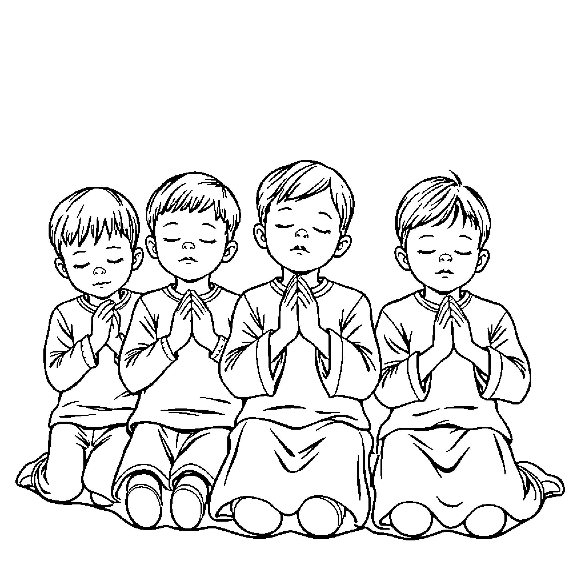 Child Prayer Group Kneeling Together Coloring Page (free black-and-white line drawing printable PDF for all, from beginners to advanced learners, including children, teens, adults, and seniors)