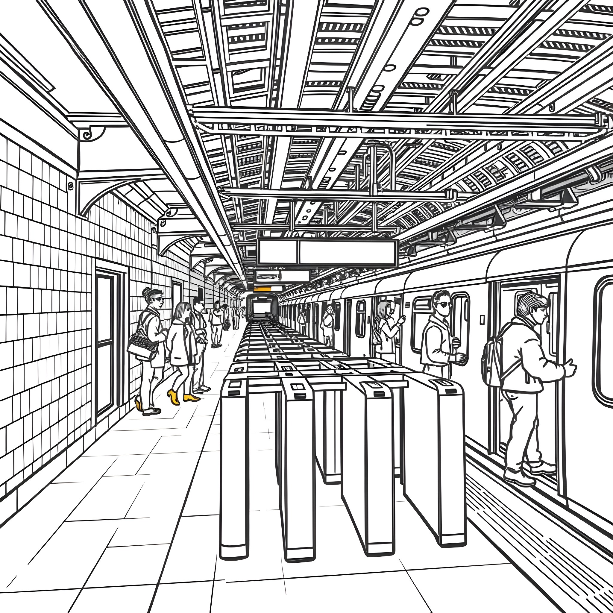 Subway passengers waiting at the platform Coloring Page (free black-and-white line drawing printable PDF for all, from beginners to advanced learners, including children, teens, adults, and seniors)