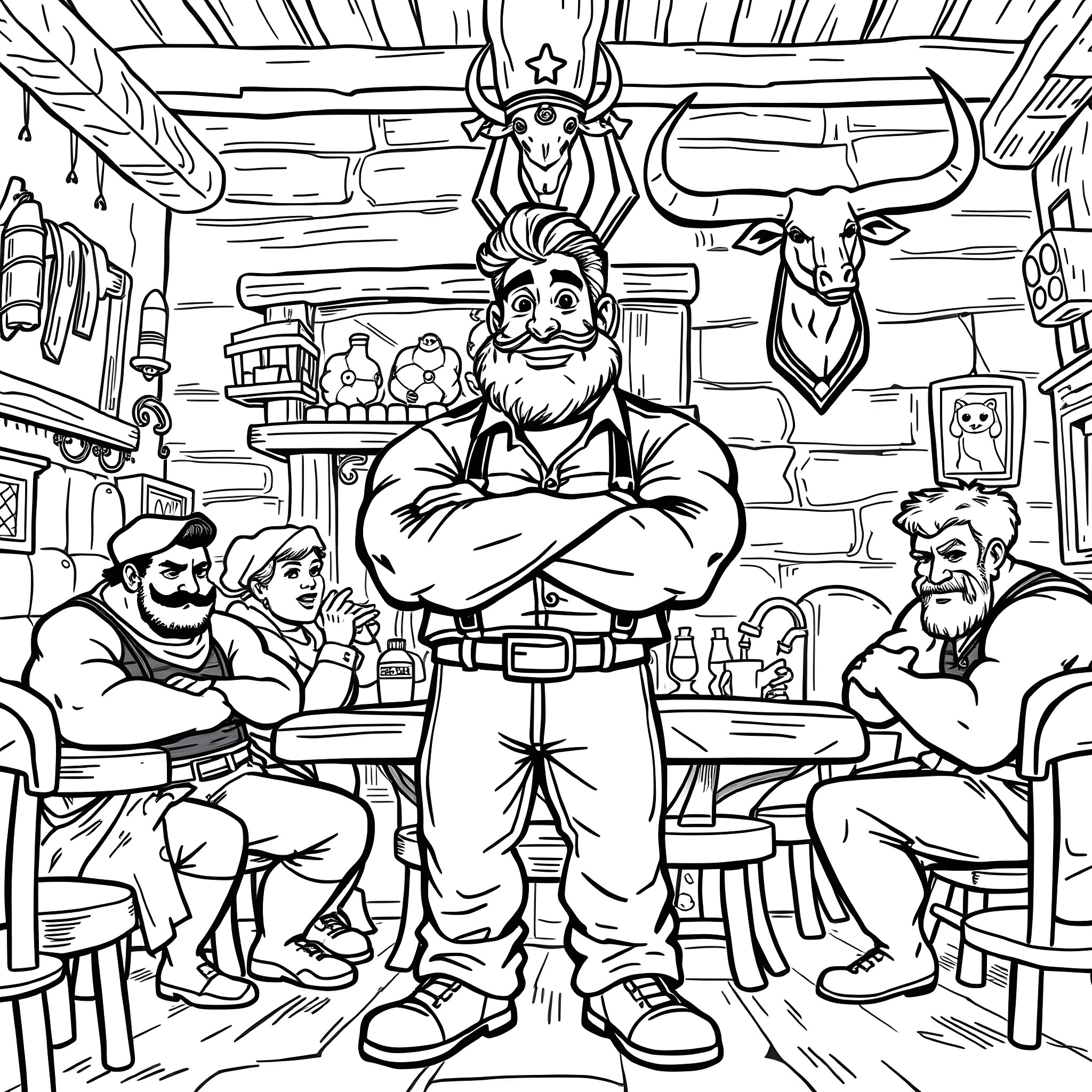 Gastón's rustic tavern with lively patrons Coloring Page (free black-and-white line drawing printable PDF for all, from beginners to advanced learners, including children, teens, adults, and seniors)