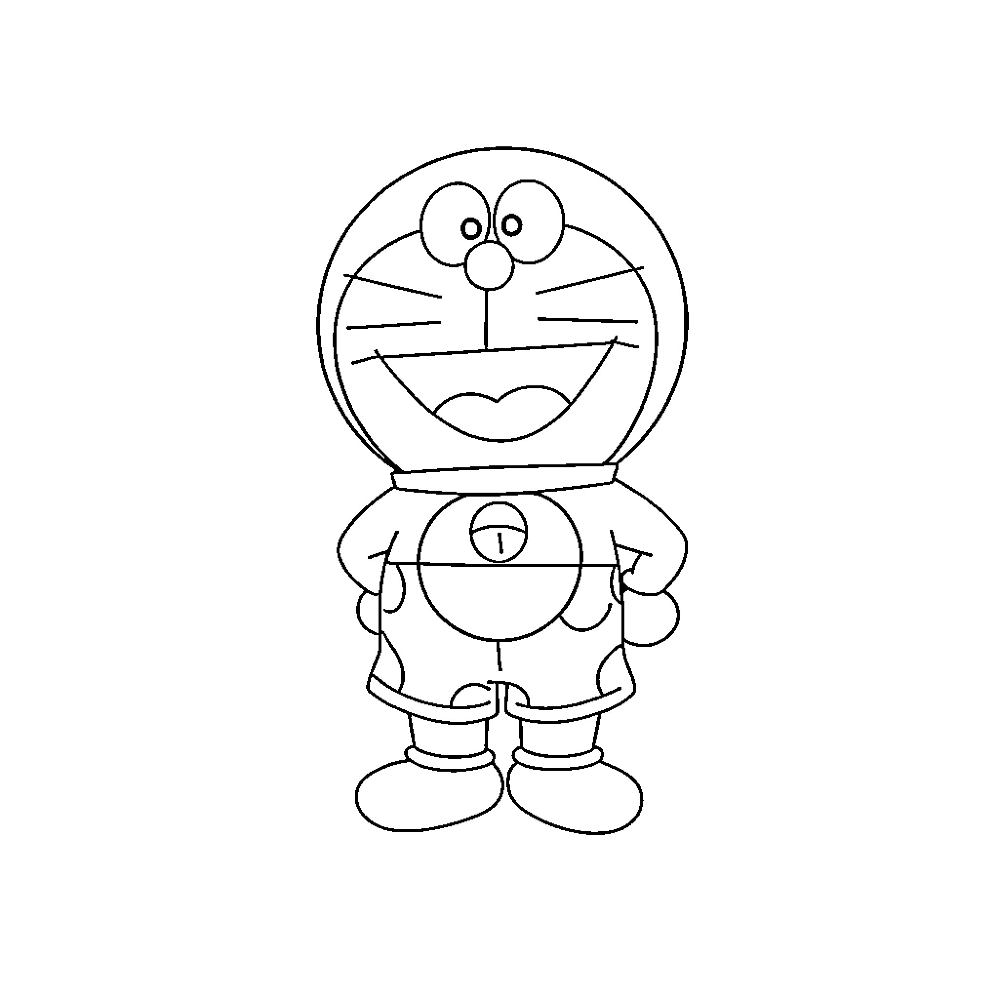 Doraemon cheerful character with large eyes and smile Coloring Page (free black-and-white line drawing printable PDF for all, from beginners to advanced learners, including children, teens, adults, and seniors)