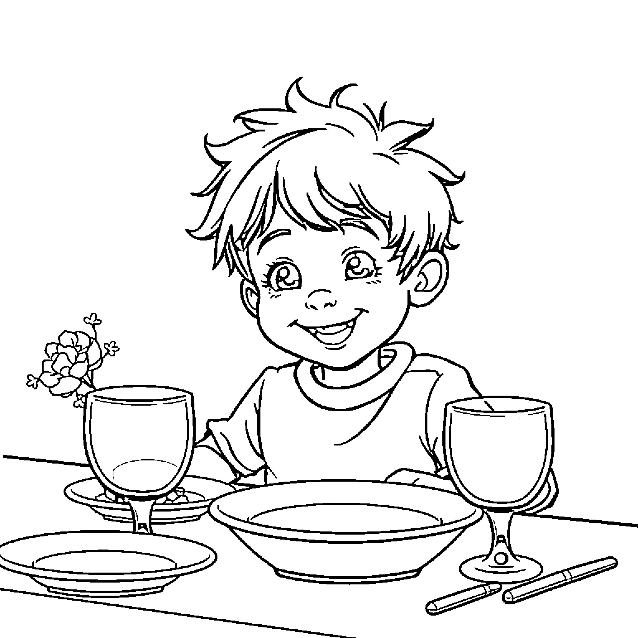 Niño enjoying a meal with drinks Coloring Page (free black-and-white line drawing printable PDF for all, from beginners to advanced learners, including children, teens, adults, and seniors)