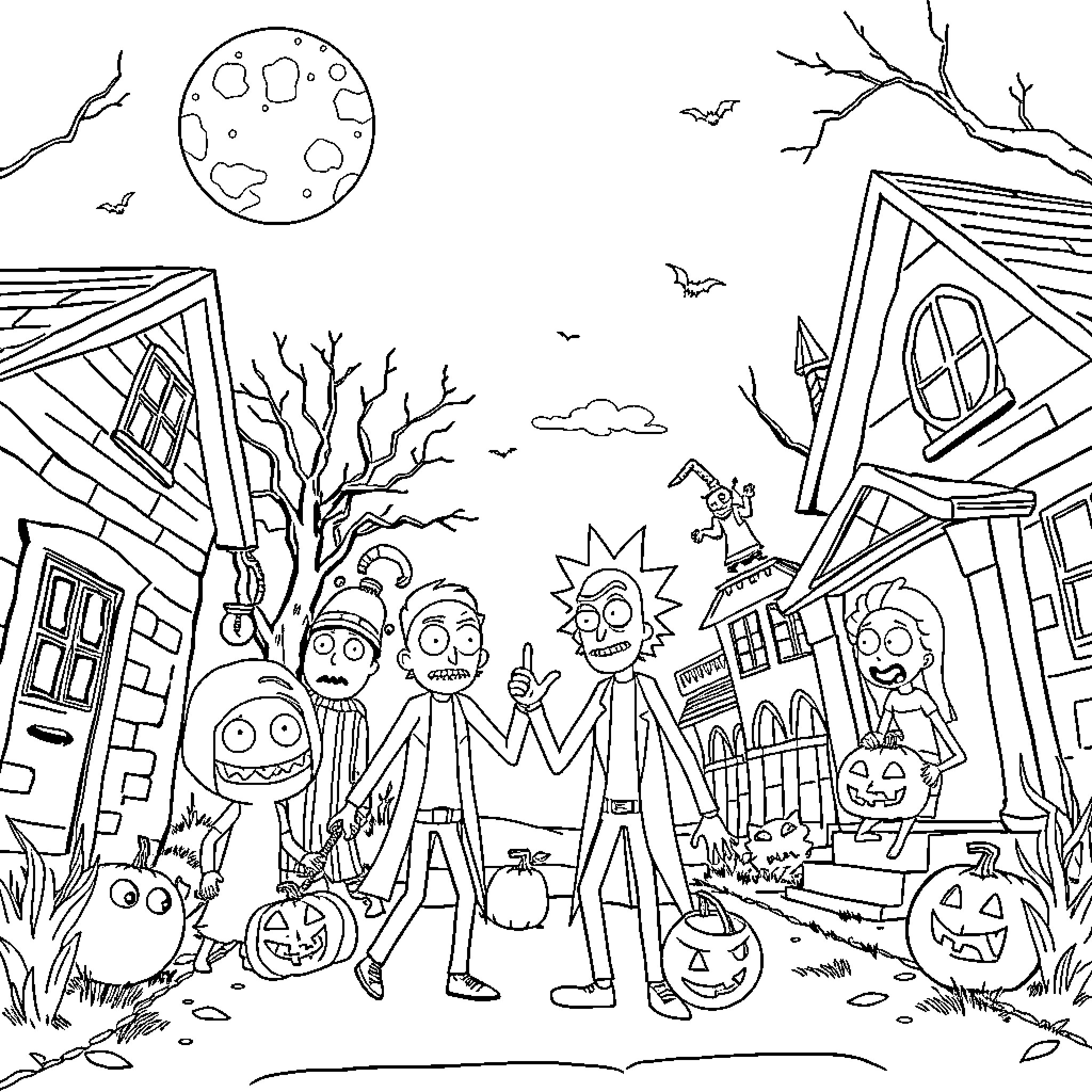 Rick and the Spooky Halloween Festivities Coloring Page (free black-and-white line drawing printable PDF for all, from beginners to advanced learners, including children, teens, adults, and seniors)