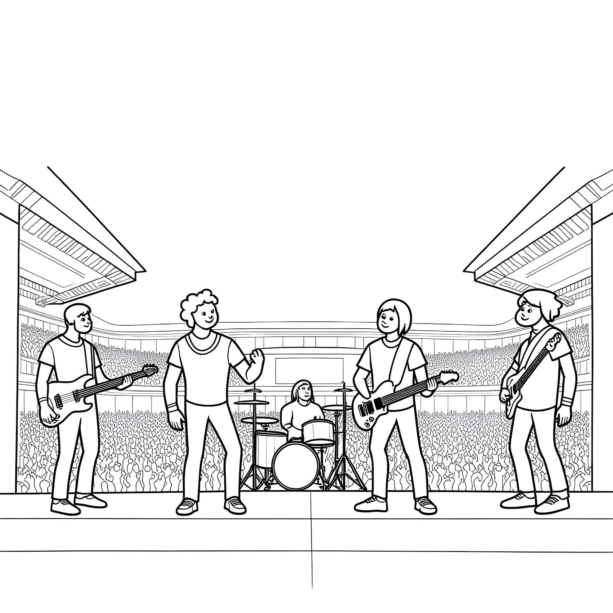 Band performing on stage with audience Coloring Page (free black-and-white line drawing printable PDF for all, from beginners to advanced learners, including children, teens, adults, and seniors)
