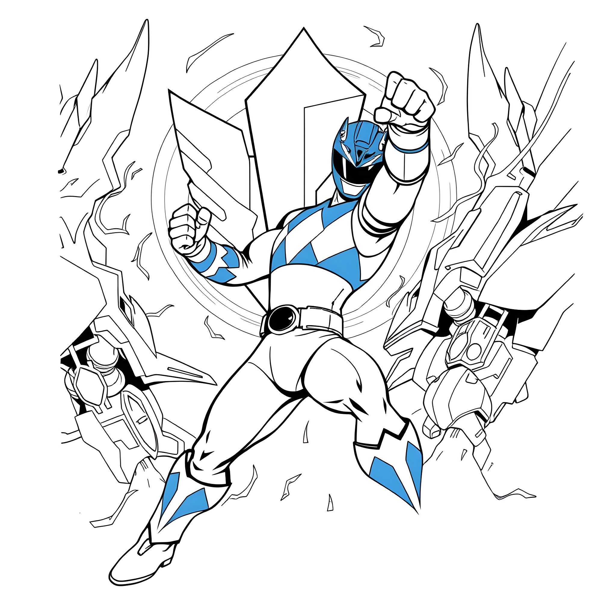 Power Ranger Smashing Through Obstacles Coloring Page (free black-and-white line drawing printable PDF for all, from beginners to advanced learners, including children, teens, adults, and seniors)