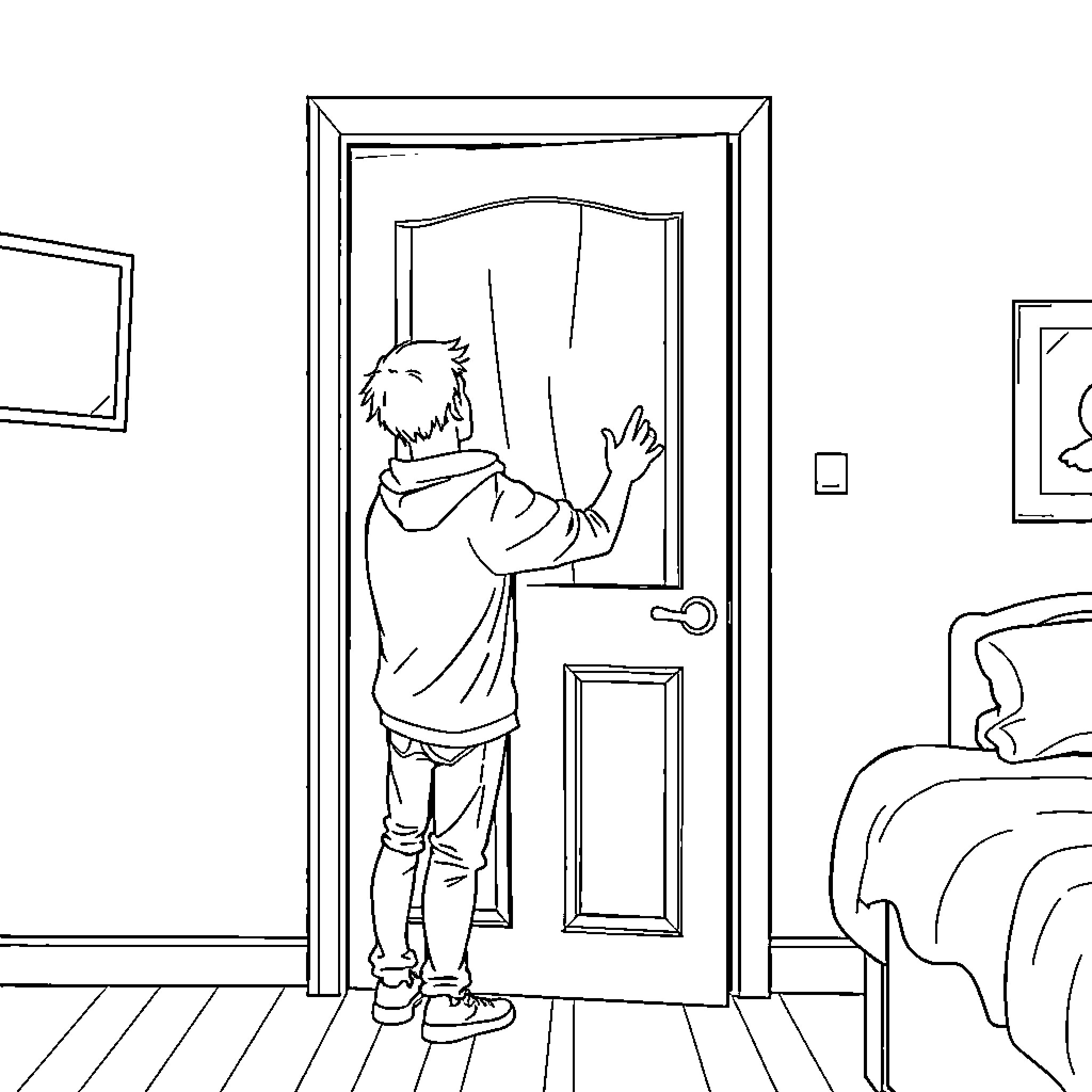 Teenager opening the door to his room Coloring Page (free black-and-white line drawing printable PDF for all, from beginners to advanced learners, including children, teens, adults, and seniors)
