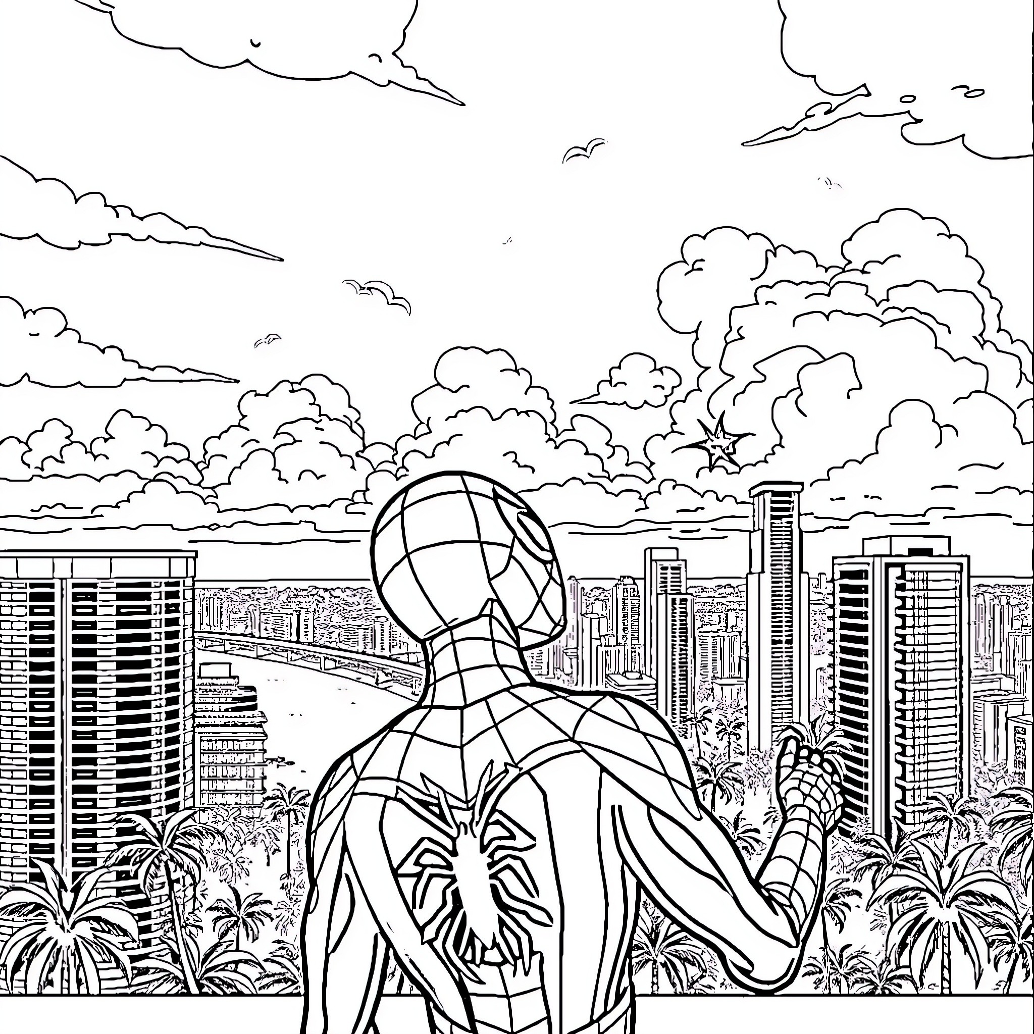 Spider-Man overlooking the city skyline Coloring Page (free black-and-white line drawing printable PDF for all, from beginners to advanced learners, including children, teens, adults, and seniors)