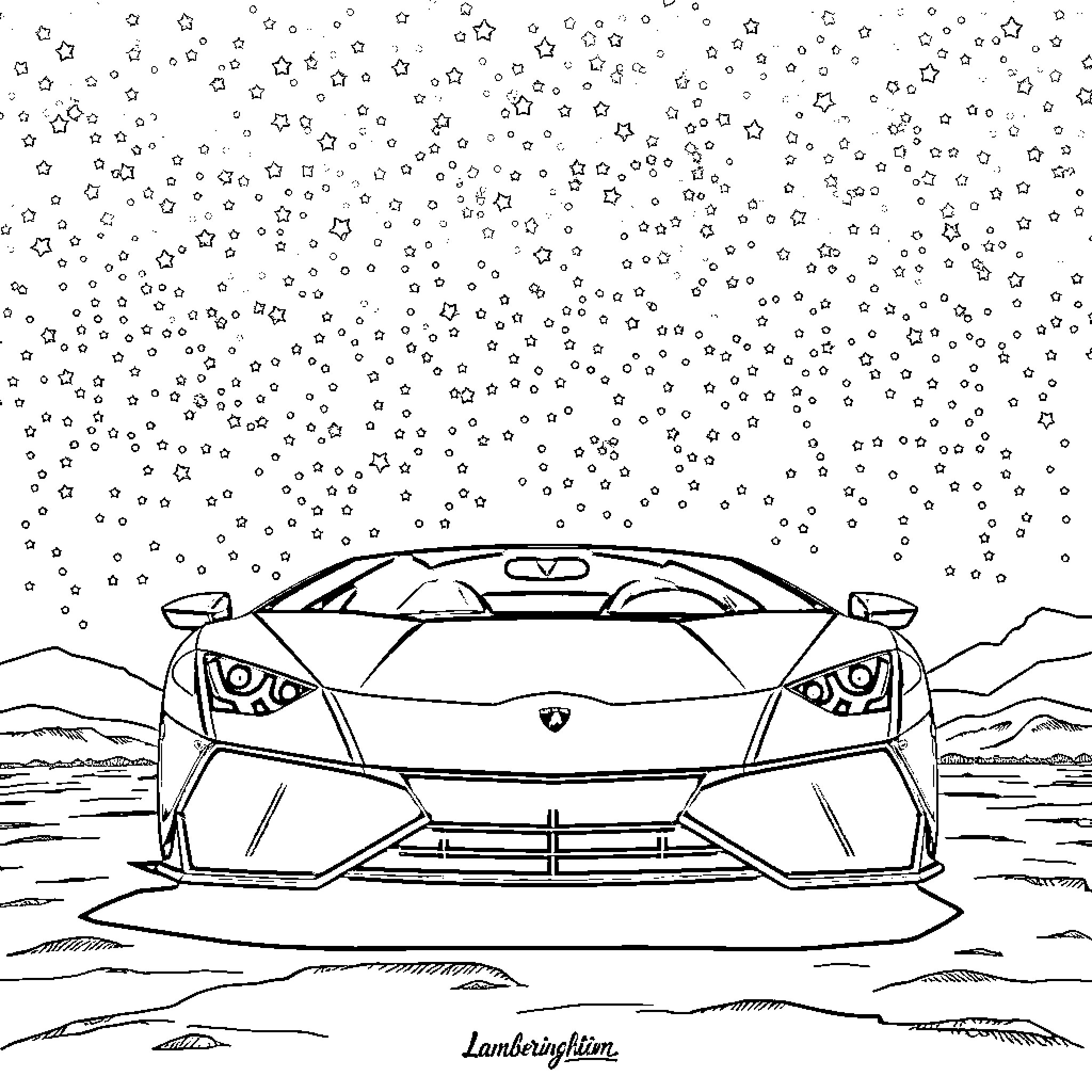 Lamborghini racing through the stars Coloring Page (free black-and-white line drawing printable PDF for all, from beginners to advanced learners, including children, teens, adults, and seniors)