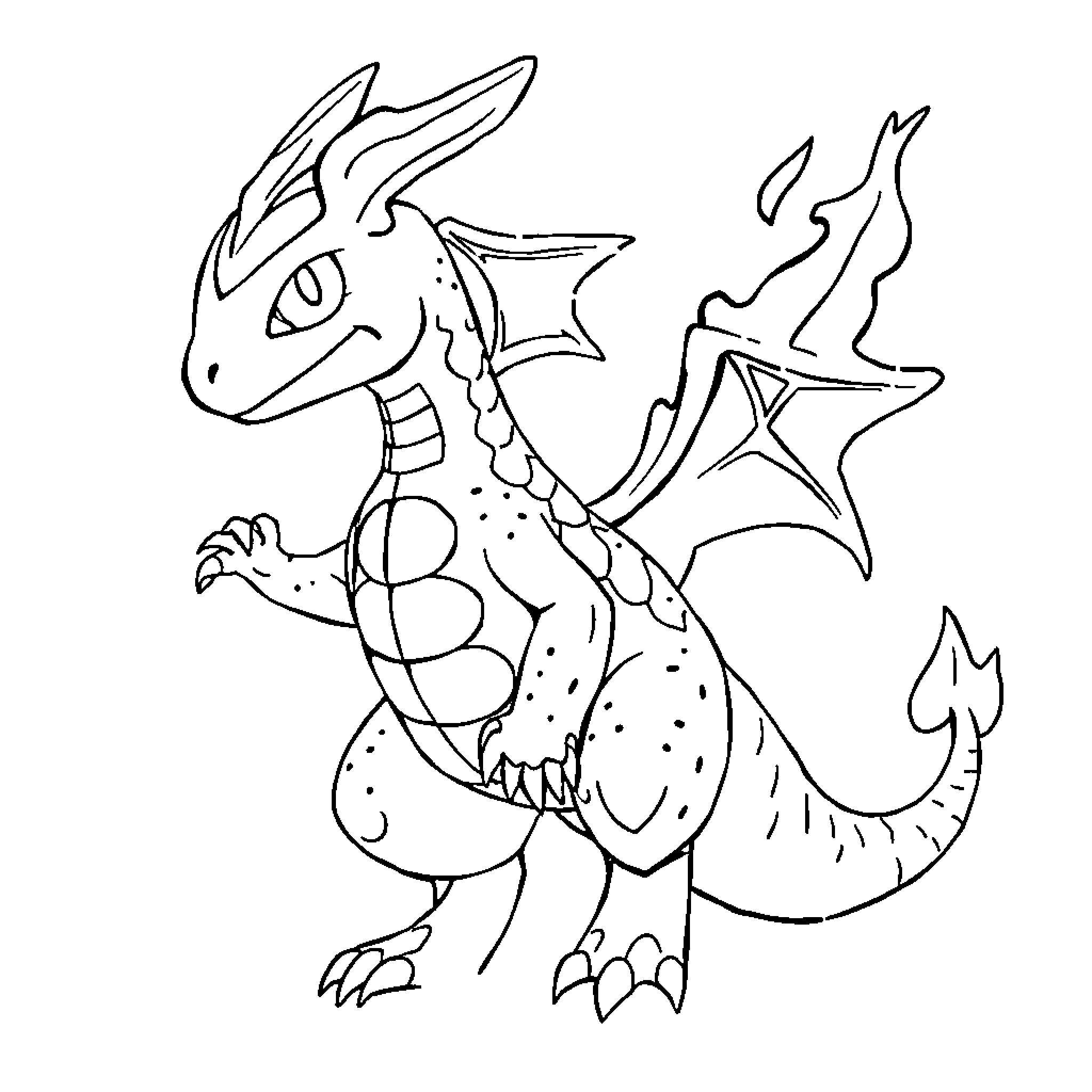Charmeleon Fiercely Breathing Flames Coloring Page (free black-and-white line drawing printable PDF for all, from beginners to advanced learners, including children, teens, adults, and seniors)