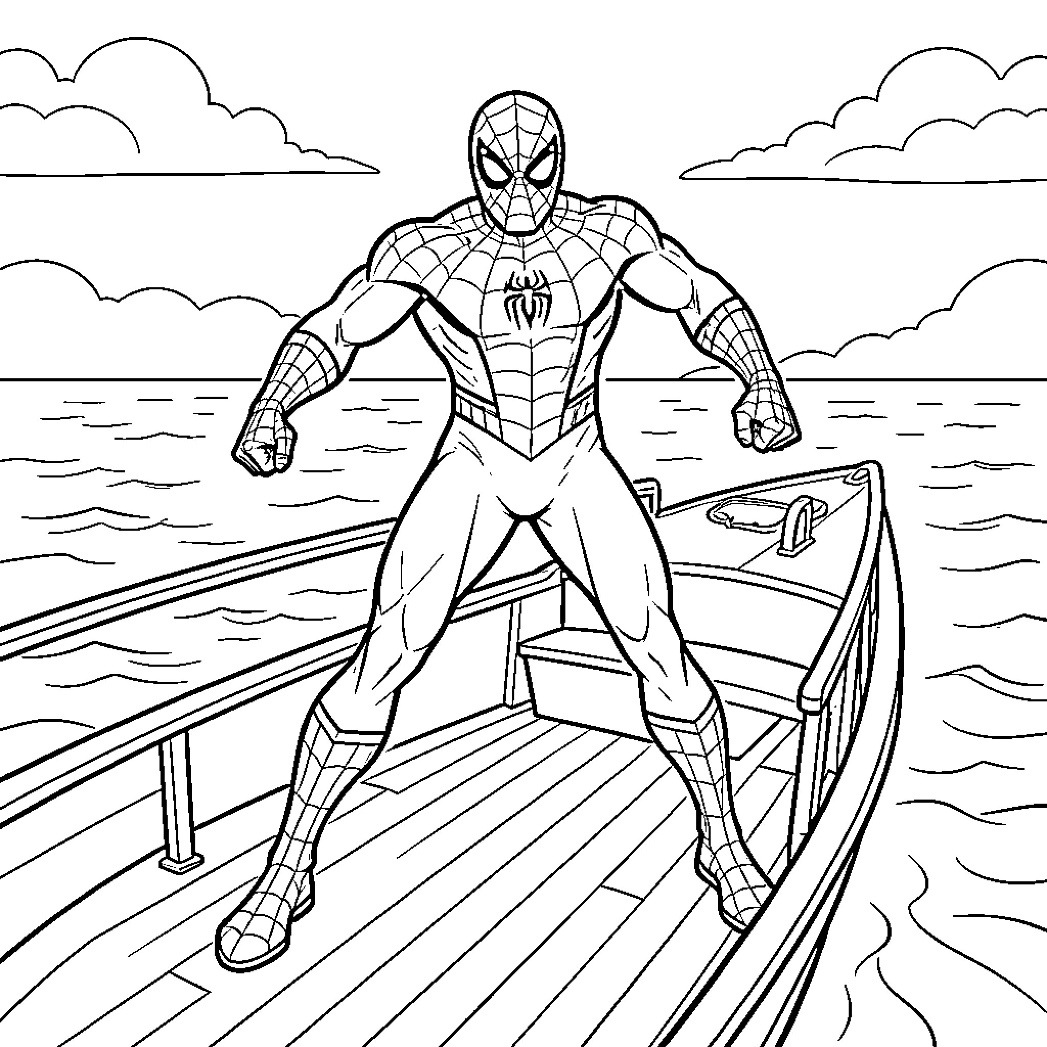 Spiderman standing in a powerful pose on a boat Coloring Page (free black-and-white line drawing printable PDF for all, from beginners to advanced learners, including children, teens, adults, and seniors)