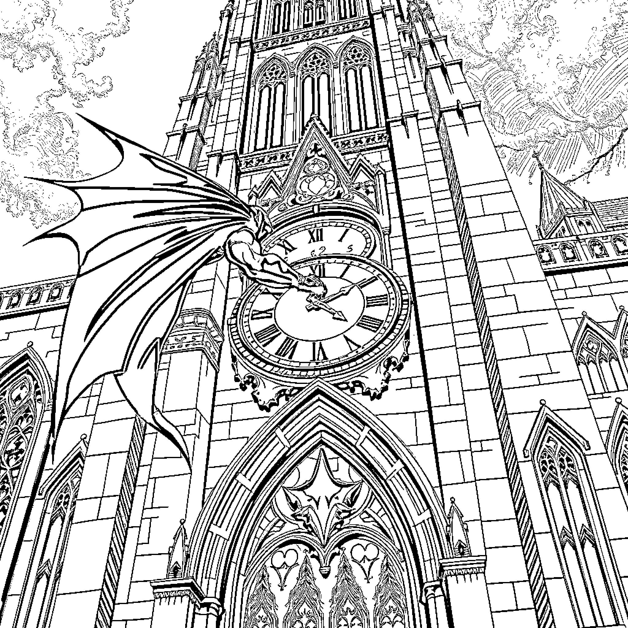 Batman Soaring Over Gothic Cathedral Clock Tower Coloring Page (free black-and-white line drawing printable PDF for all, from beginners to advanced learners, including children, teens, adults, and seniors)