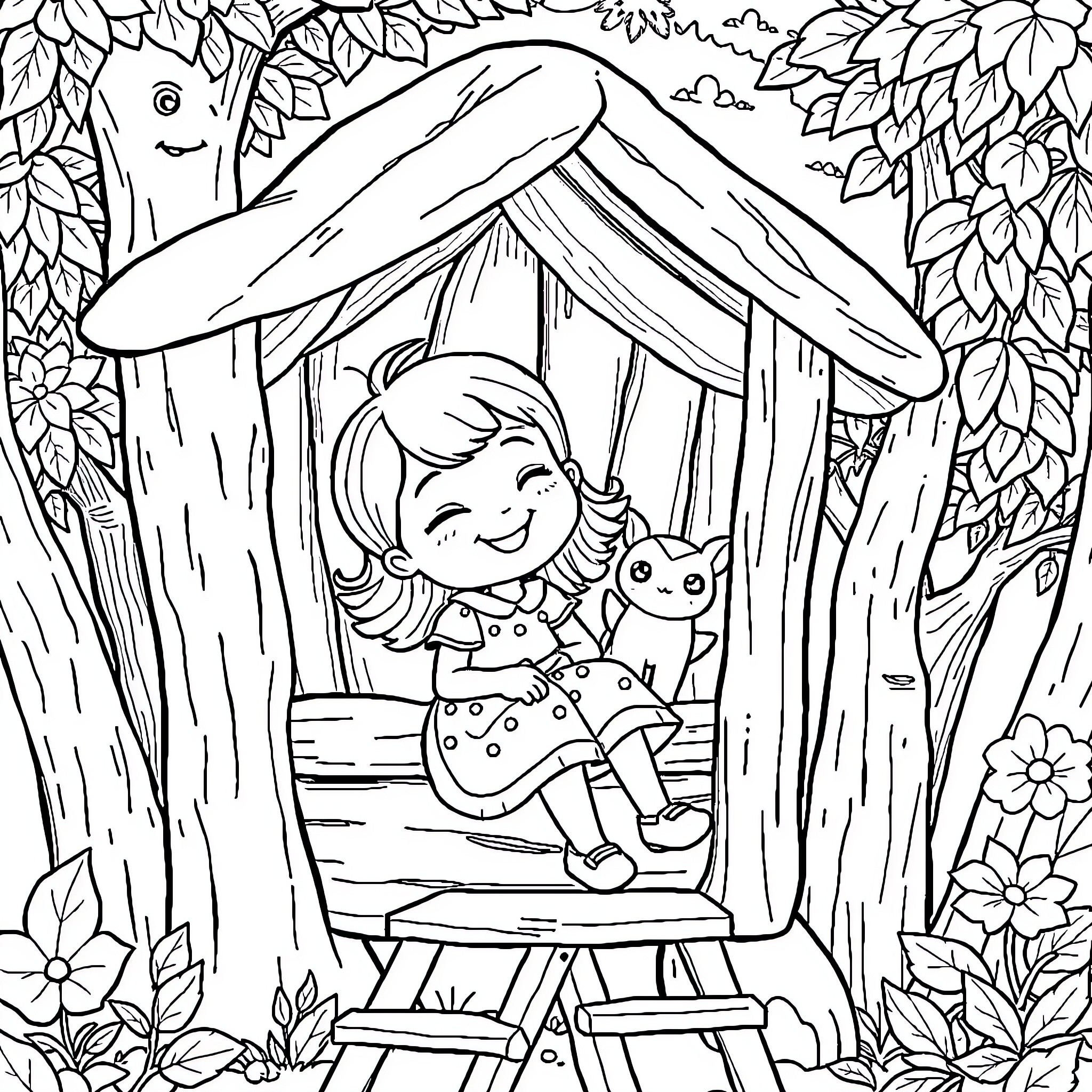 Girl relaxing in cozy cabin in the woods Coloring Page (free black-and-white line drawing printable PDF for all, from beginners to advanced learners, including children, teens, adults, and seniors)