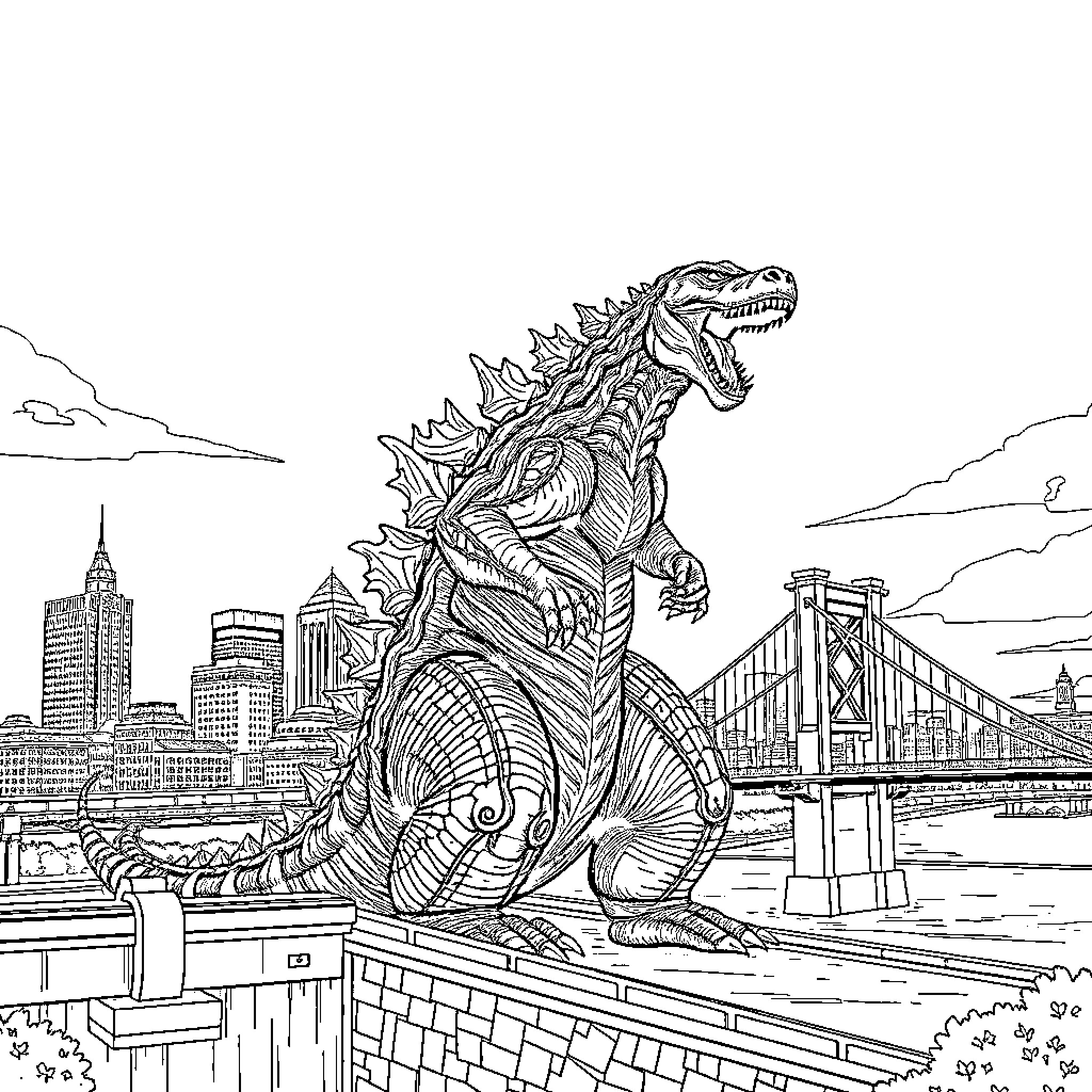 Godzilla stomping through the city skyline Coloring Page (free black-and-white line drawing printable PDF for all, from beginners to advanced learners, including children, teens, adults, and seniors)