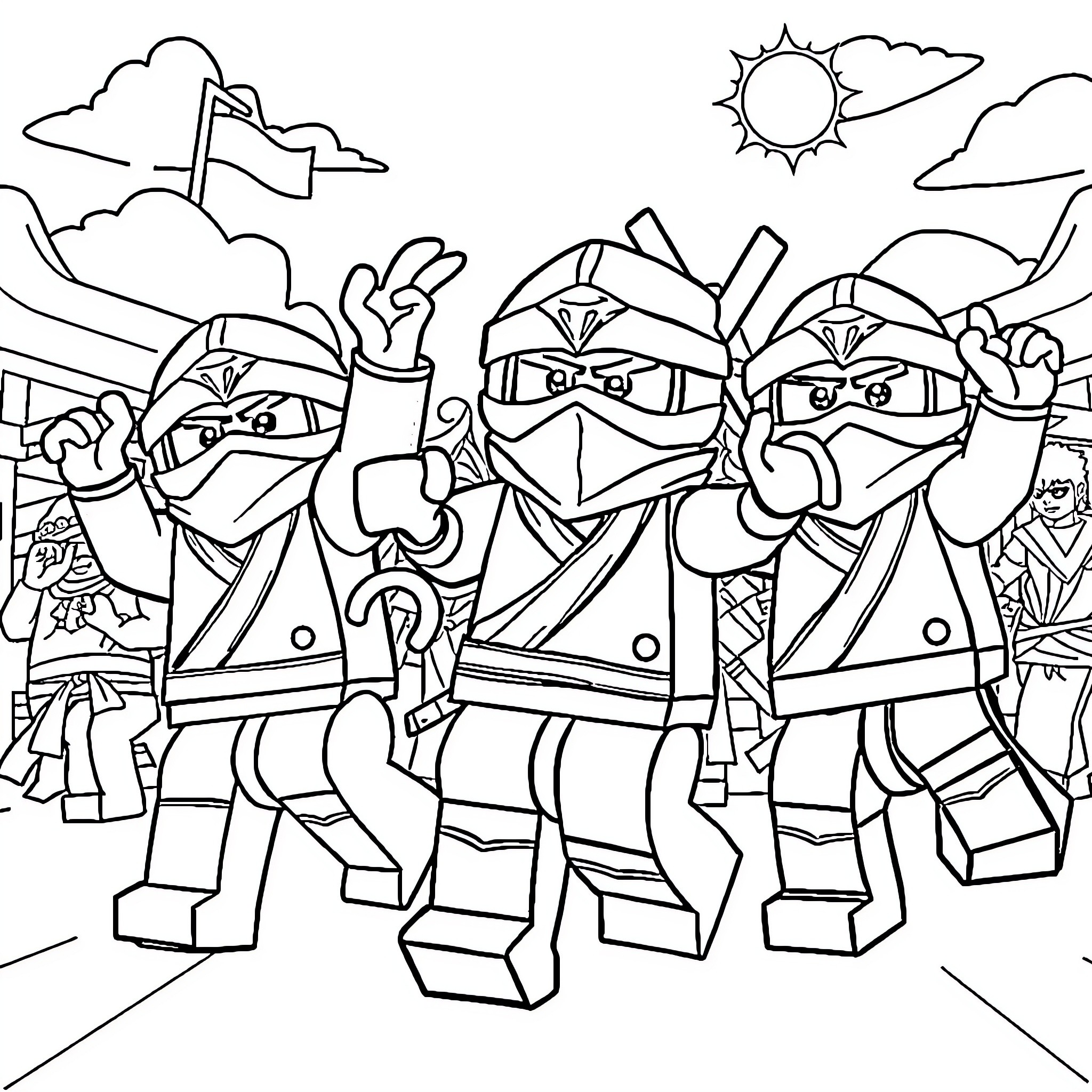 Ninjago ninjas in action poses Coloring Page (free black-and-white line drawing printable PDF for all, from beginners to advanced learners, including children, teens, adults, and seniors)