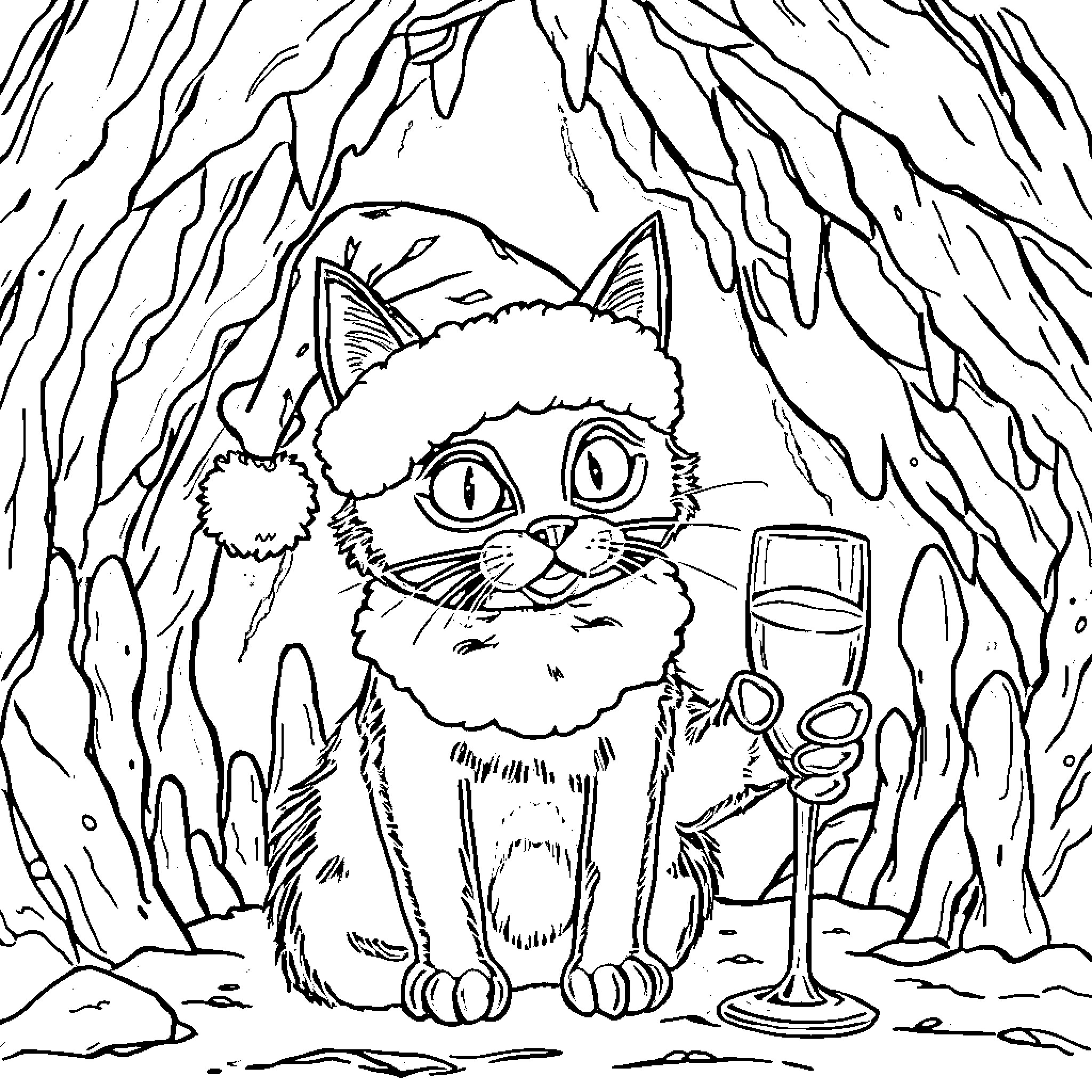 Chat with a Festive Feline in a Frosty Forest Coloring Page (free black-and-white line drawing printable PDF for all, from beginners to advanced learners, including children, teens, adults, and seniors)