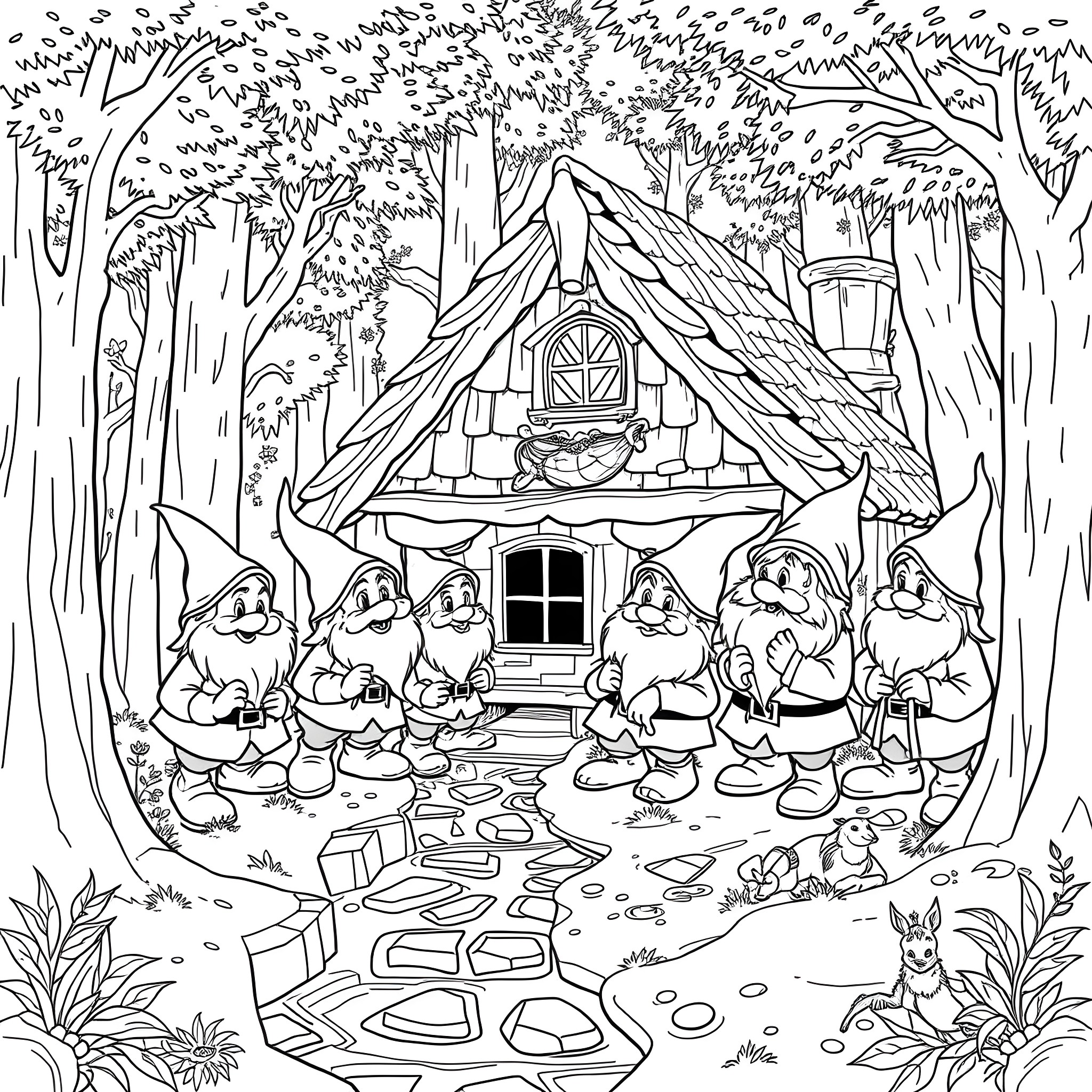 Dwarf cottage in enchanted forest with gnomes gathering Coloring Page (free black-and-white line drawing printable PDF for all, from beginners to advanced learners, including children, teens, adults, and seniors)
