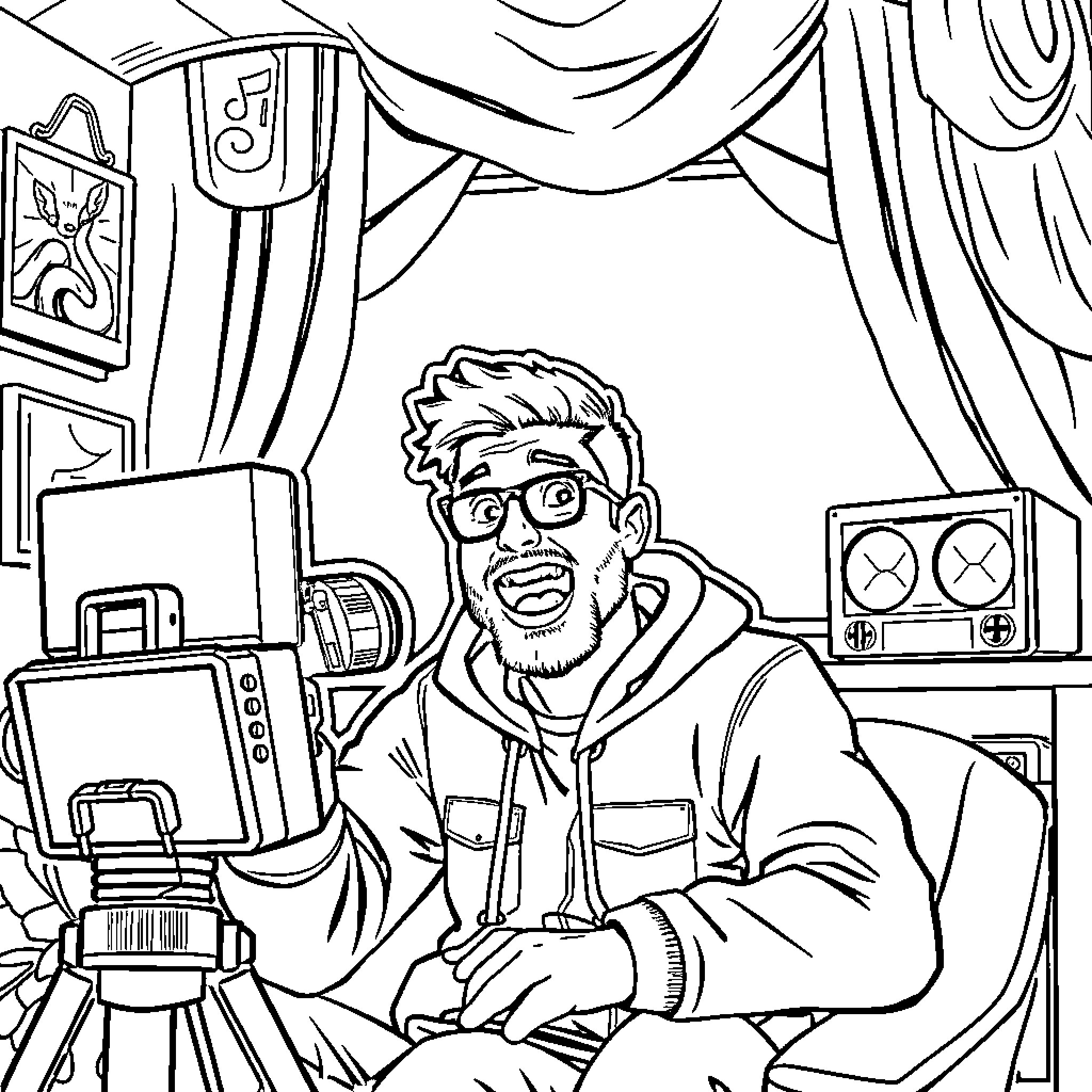 Youtuber recording content in his studio setup Coloring Page (free black-and-white line drawing printable PDF for all, from beginners to advanced learners, including children, teens, adults, and seniors)