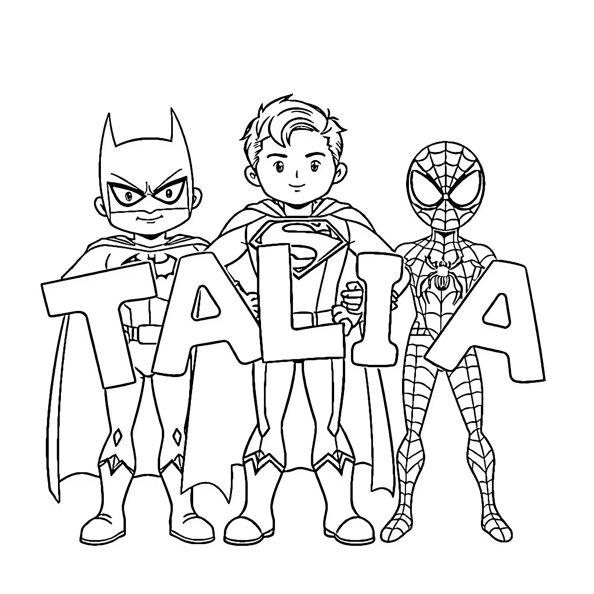 Superhero Characters in Action Poses Coloring Page (free black-and-white line drawing printable PDF for all, from beginners to advanced learners, including children, teens, adults, and seniors)