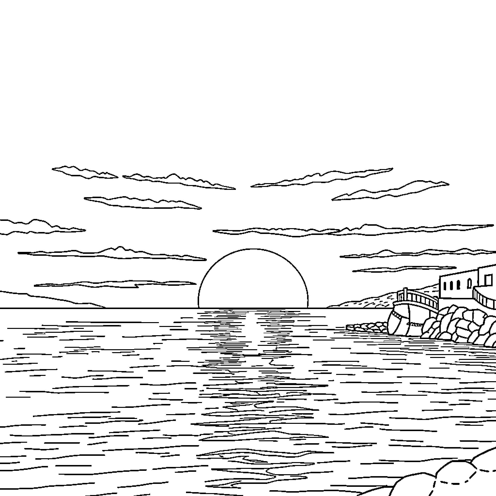 Sunset over the tranquil shore Coloring Page (free black-and-white line drawing printable PDF for all, from beginners to advanced learners, including children, teens, adults, and seniors)
