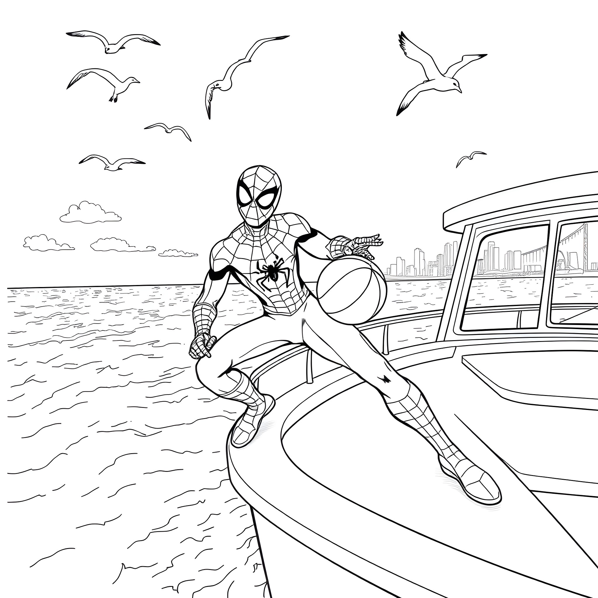 Spider-Man surfing on the waves near the city Coloring Page (free black-and-white line drawing printable PDF for all, from beginners to advanced learners, including children, teens, adults, and seniors)