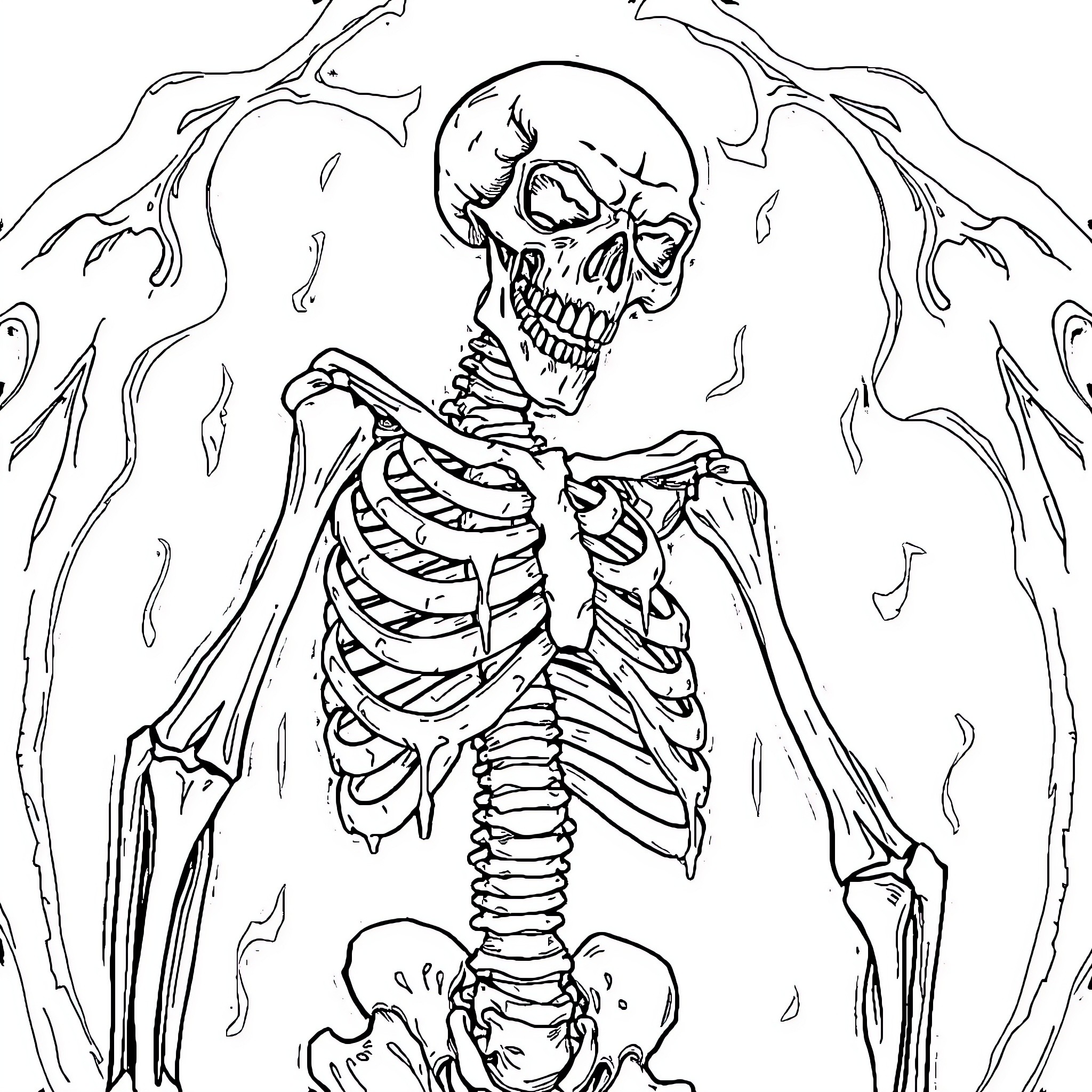 Skeleton surrounded by eerie skeletal forms Coloring Page (free black-and-white line drawing printable PDF for all, from beginners to advanced learners, including children, teens, adults, and seniors)