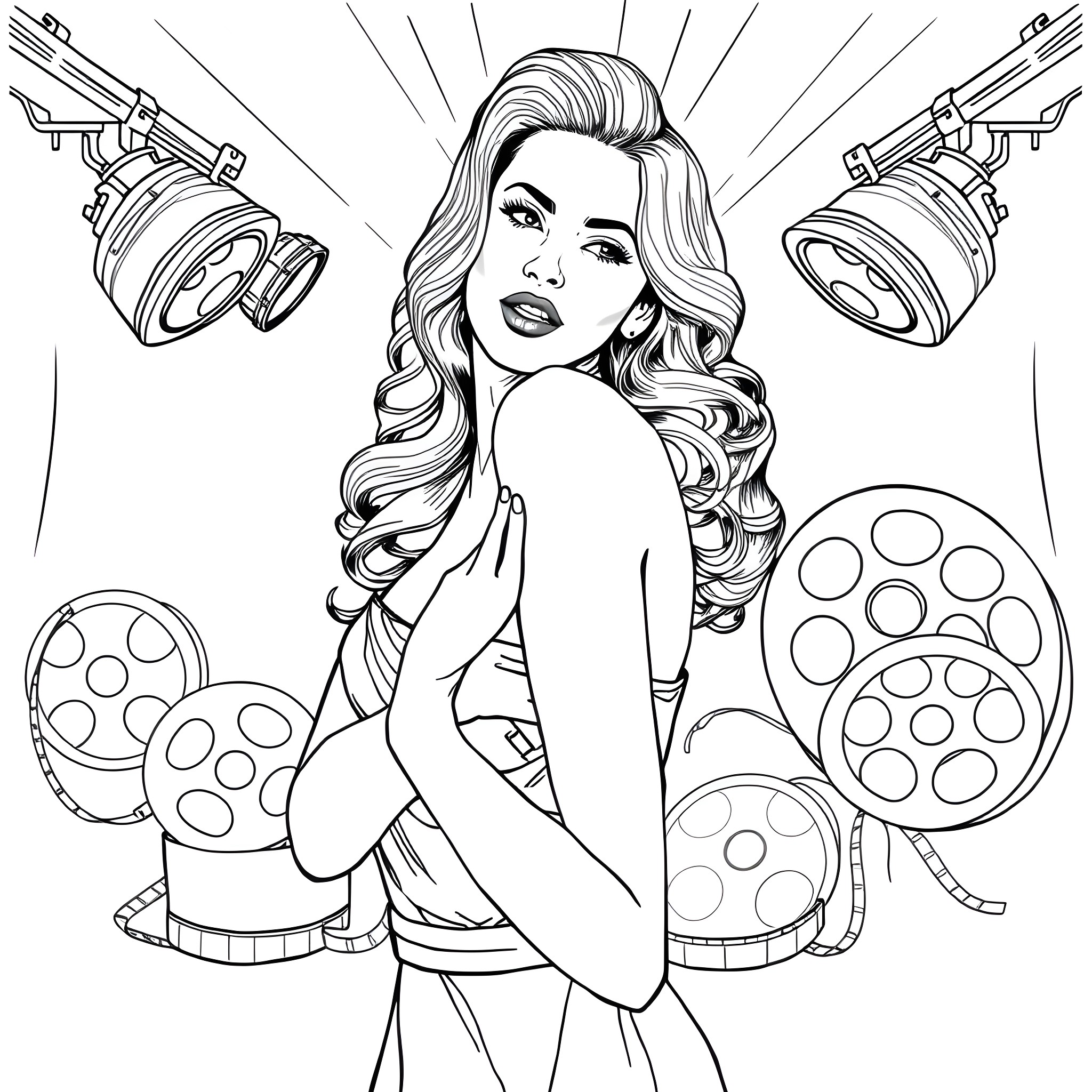 Alyssa Milano - Glamorous Hollywood Star Posing in Front of Spotlights Coloring Page (free black-and-white line drawing printable PDF for all, from beginners to advanced learners, including children, teens, adults, and seniors)