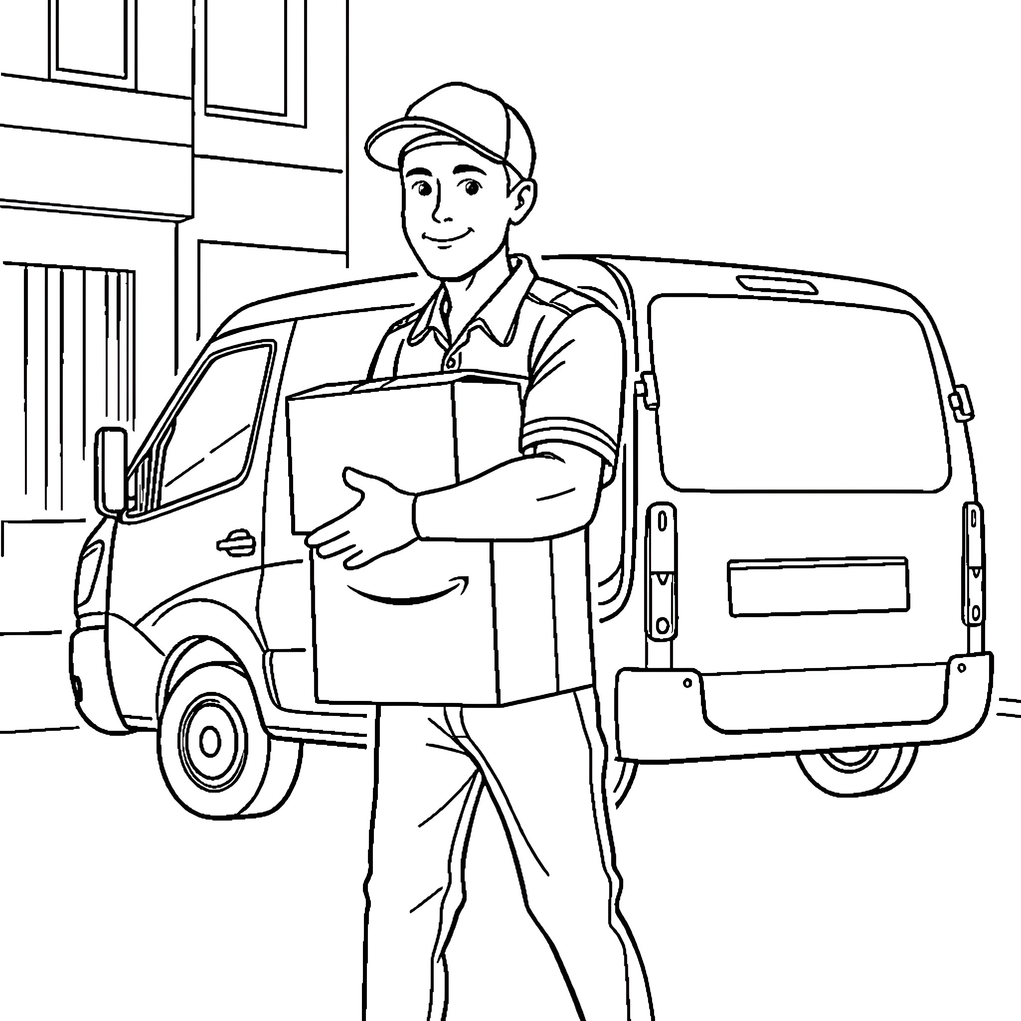 Amazon Driver Delivering Packages Cheerfully Coloring Page (free black-and-white line drawing printable PDF for all, from beginners to advanced learners, including children, teens, adults, and seniors)