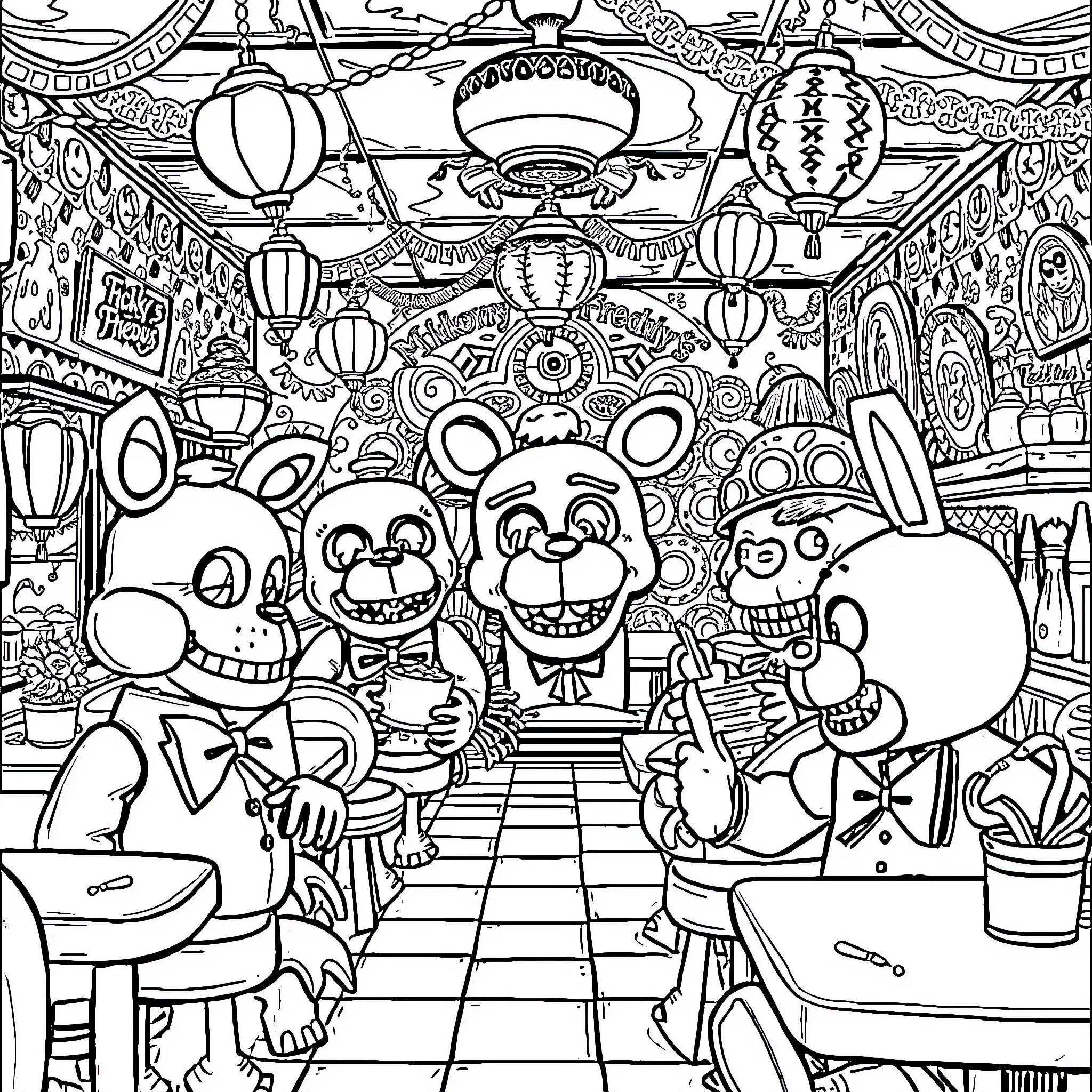 FNAF Characters in Lively Animatronic Scene Coloring Page (free black-and-white line drawing printable PDF for all, from beginners to advanced learners, including children, teens, adults, and seniors)