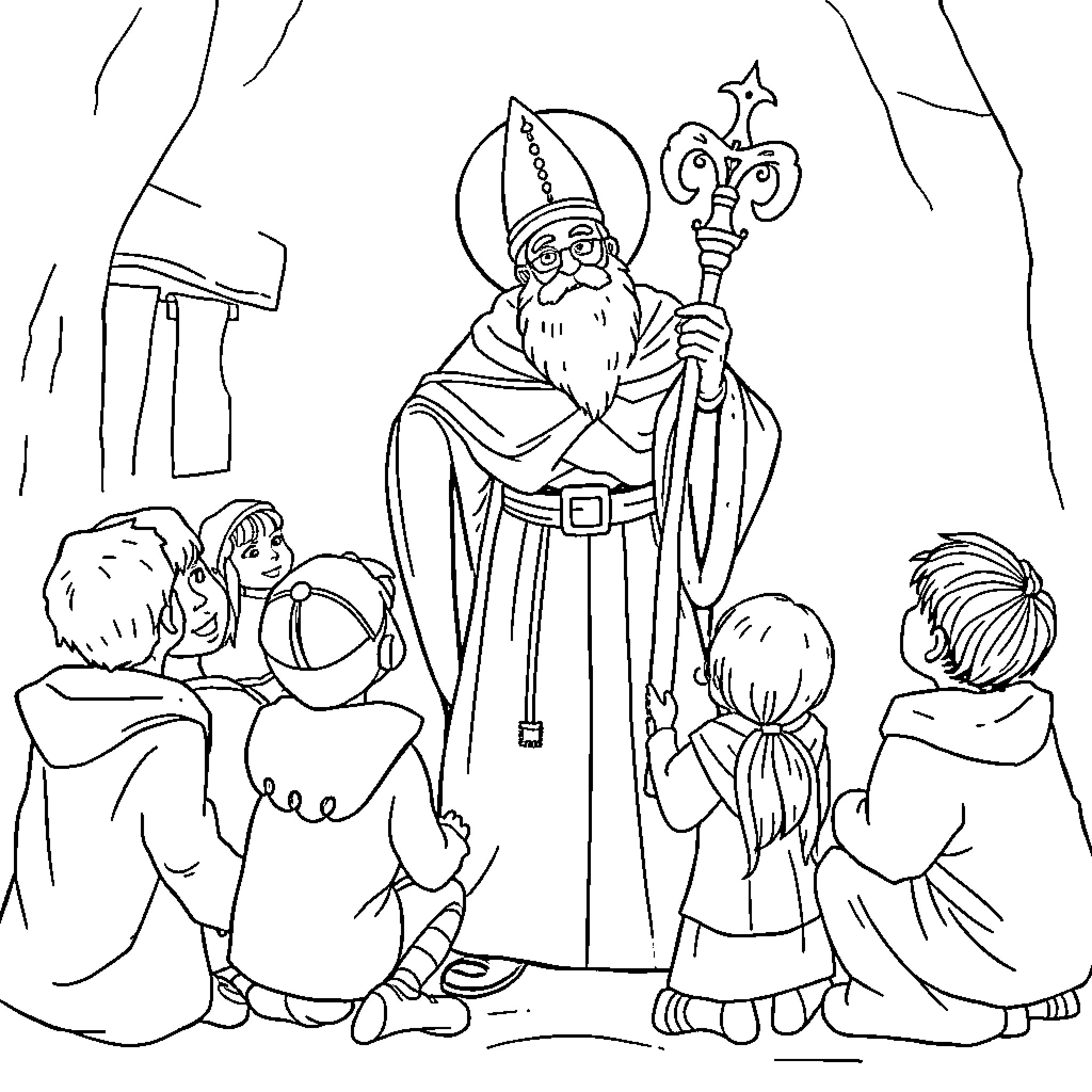 Saint Nicolas addressing a group of children Coloring Page (free black-and-white line drawing printable PDF for all, from beginners to advanced learners, including children, teens, adults, and seniors)