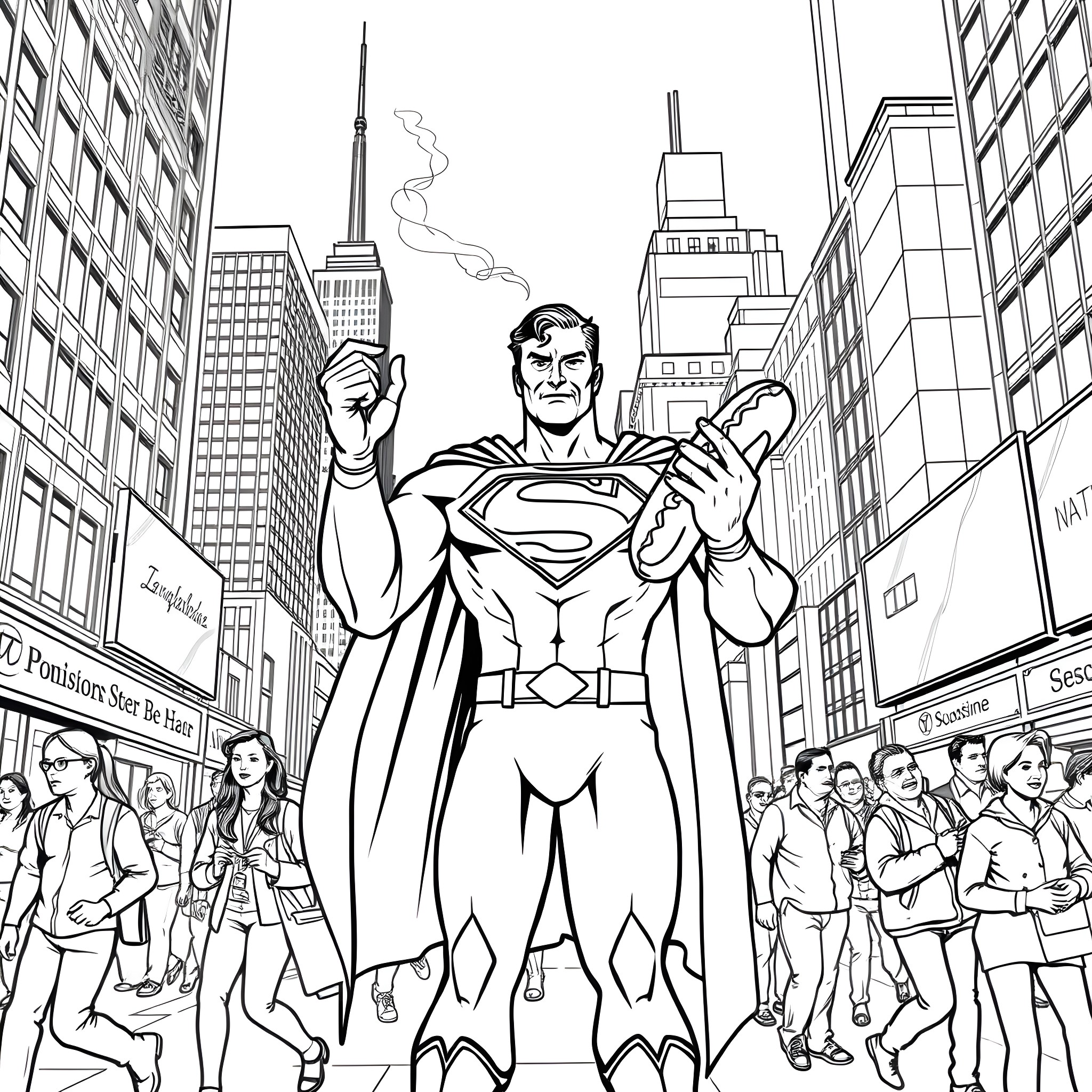 Superman takes charge in the bustling city Coloring Page (free black-and-white line drawing printable PDF for all, from beginners to advanced learners, including children, teens, adults, and seniors)