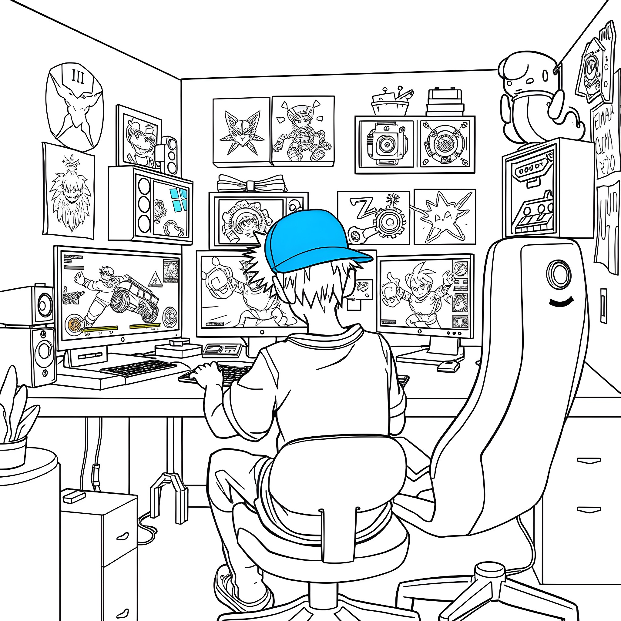 Songoku Gaming with Anime Posters in Room Coloring Page (free black-and-white line drawing printable PDF for all, from beginners to advanced learners, including children, teens, adults, and seniors)