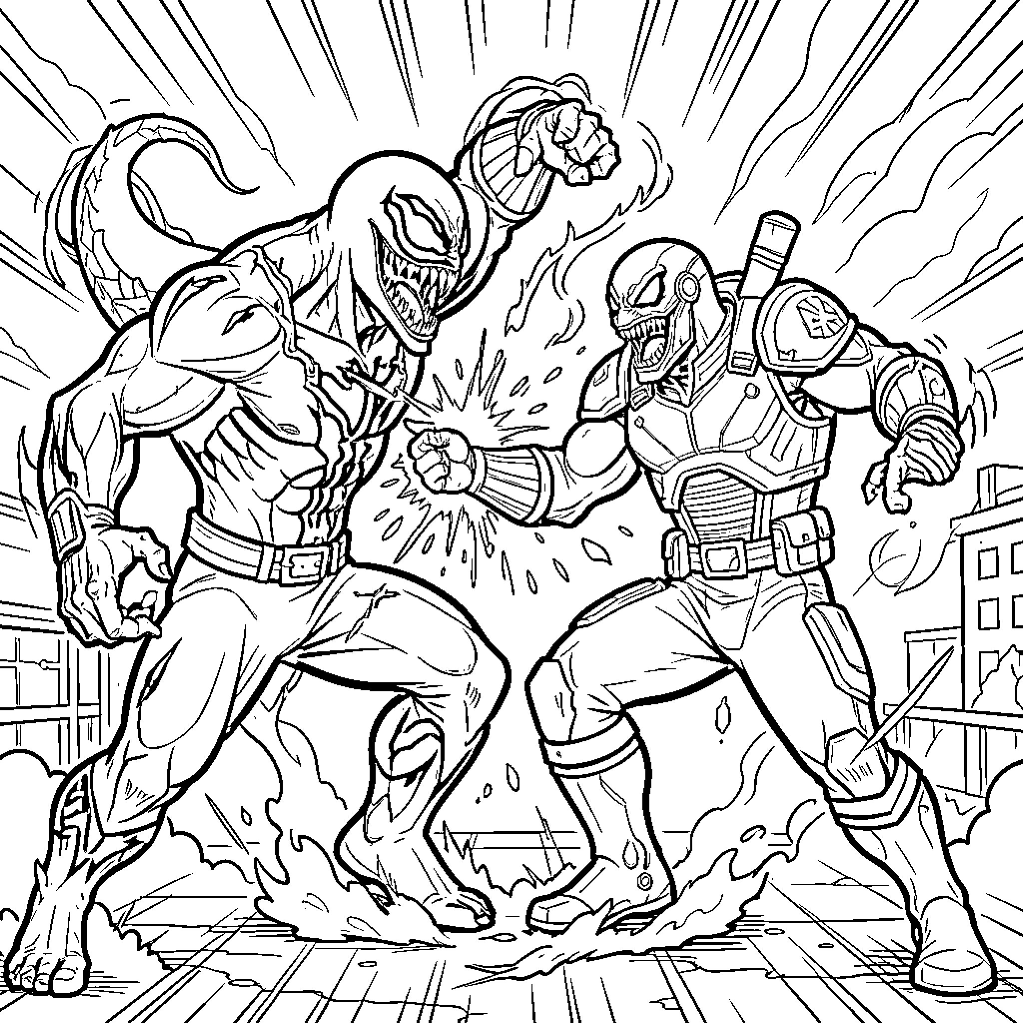 Venom engaging in an intense battle with a warrior Coloring Page (free black-and-white line drawing printable PDF for all, from beginners to advanced learners, including children, teens, adults, and seniors)