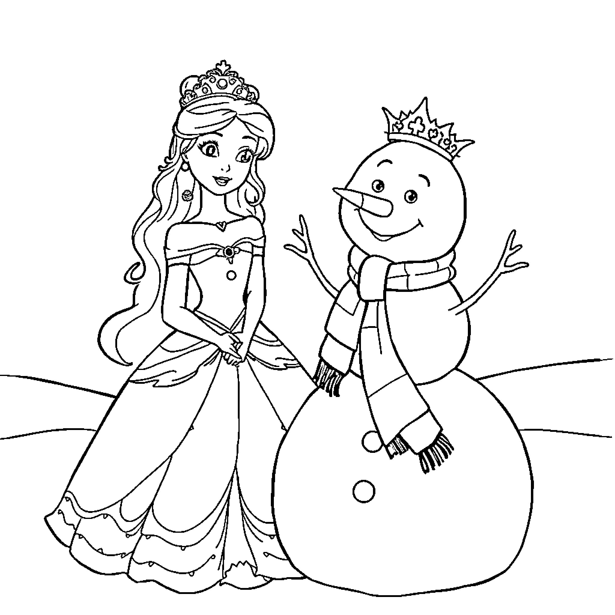 Princess Enjoying Winter Wonderland with Snowman Coloring Page (free black-and-white line drawing printable PDF for all, from beginners to advanced learners, including children, teens, adults, and seniors)
