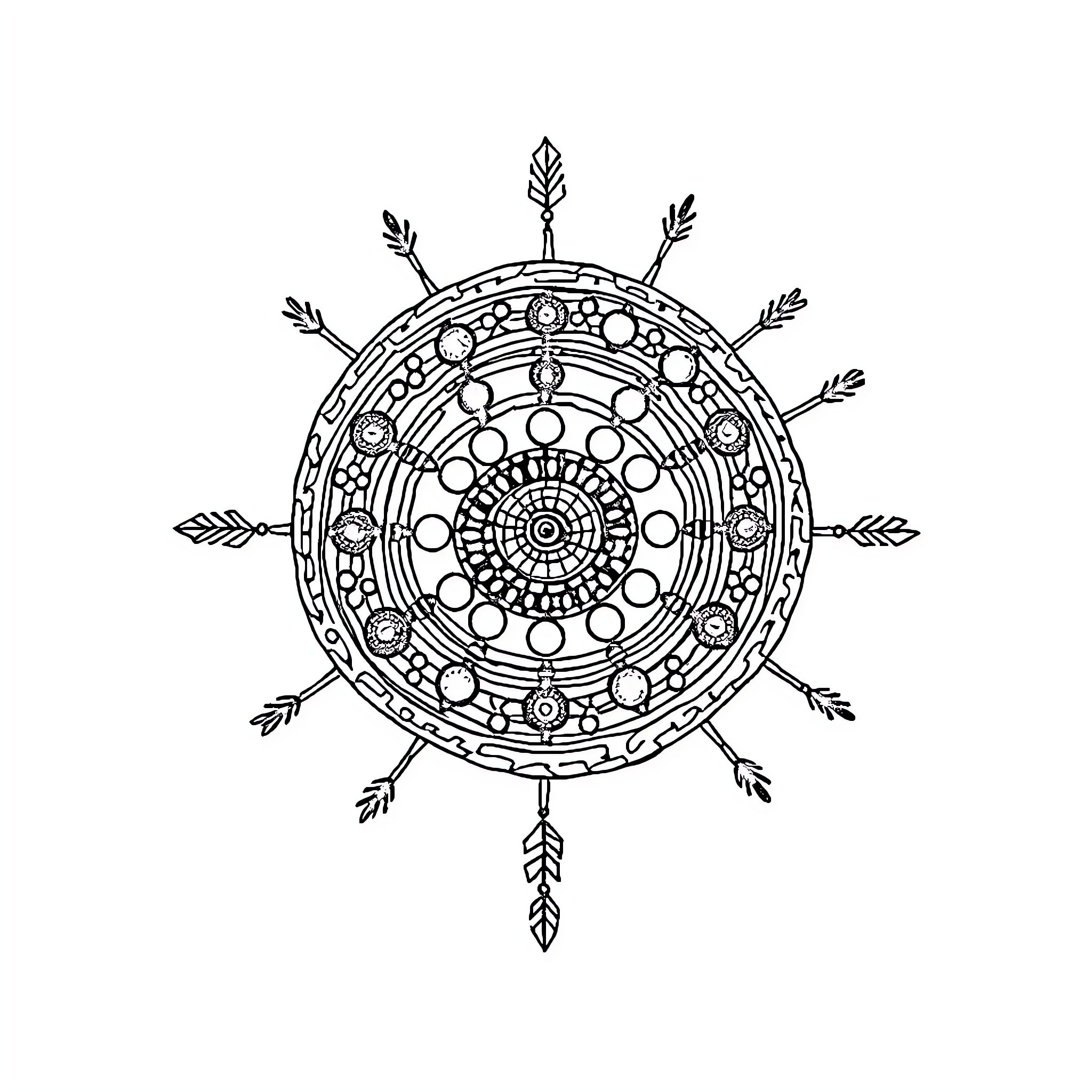 Yarning Circle of Intricate Mandala Design Coloring Page (free black-and-white line drawing printable PDF for all, from beginners to advanced learners, including children, teens, adults, and seniors)