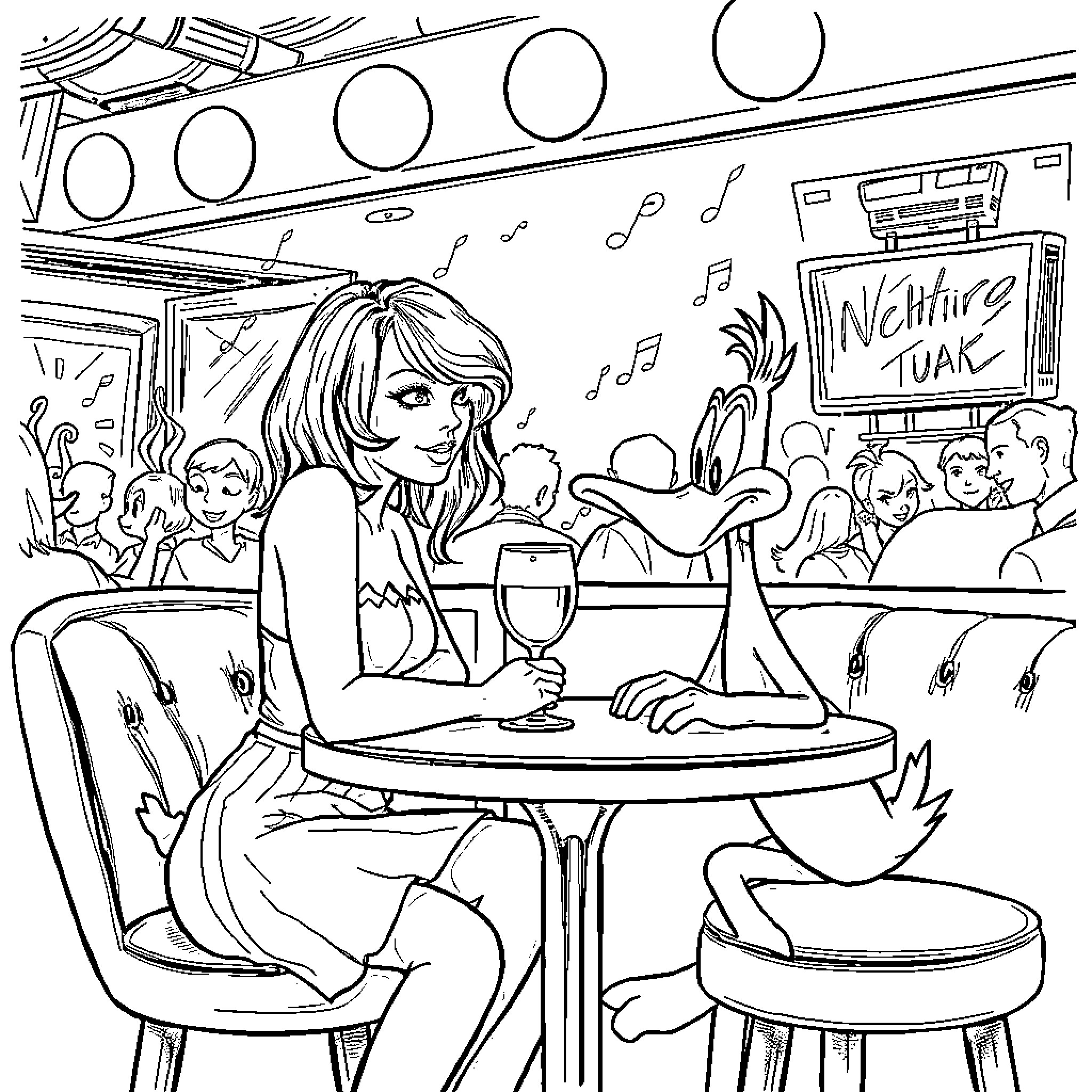 Taylor Swift Enjoying a Night Out with Friends Coloring Page (free black-and-white line drawing printable PDF for all, from beginners to advanced learners, including children, teens, adults, and seniors)