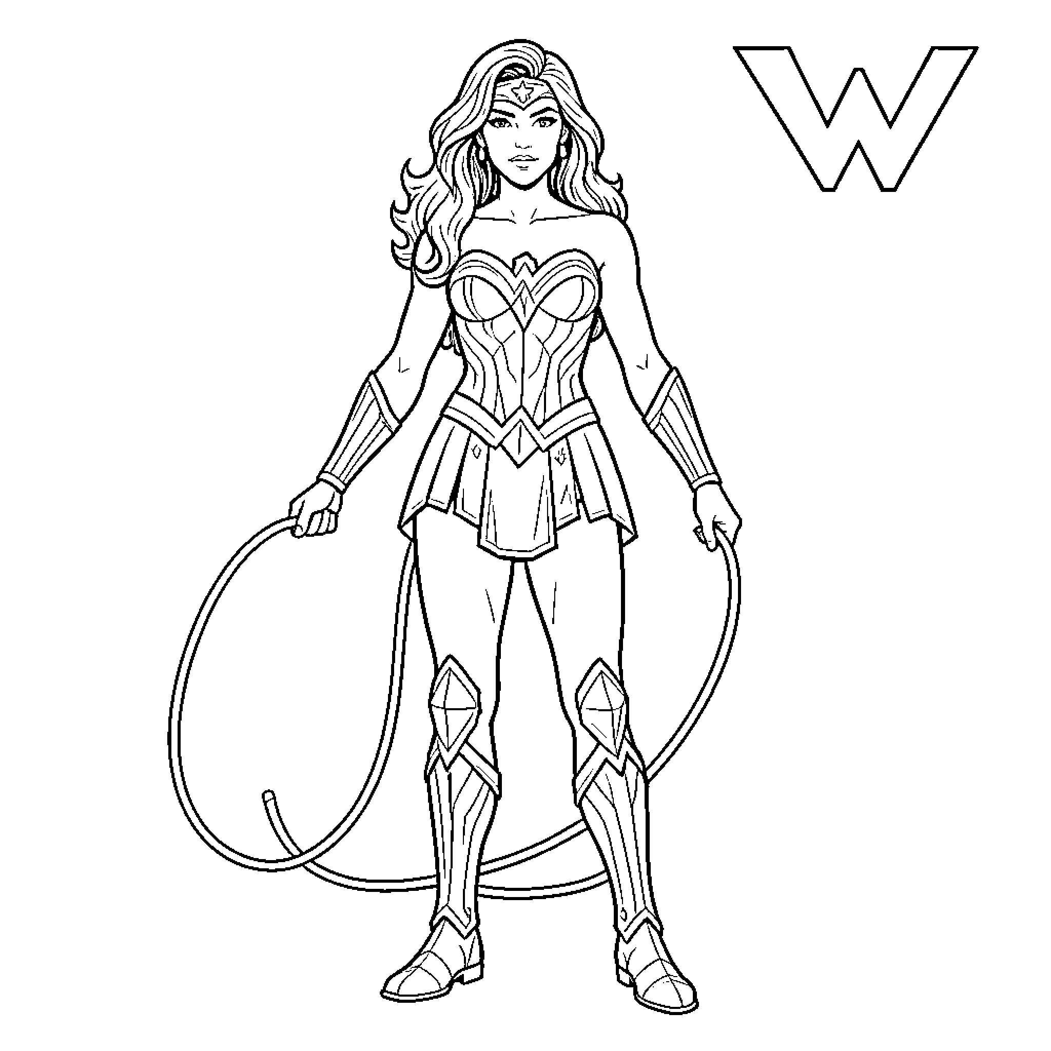 Wonder Woman in heroic battle stance Coloring Page (free black-and-white line drawing printable PDF for all, from beginners to advanced learners, including children, teens, adults, and seniors)