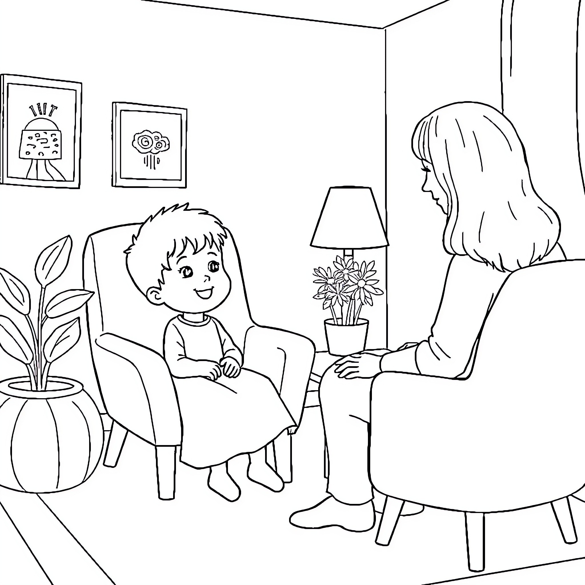 Kid enjoying quality time with mother in cozy room Coloring Page (free black-and-white line drawing printable PDF for all, from beginners to advanced learners, including children, teens, adults, and seniors)