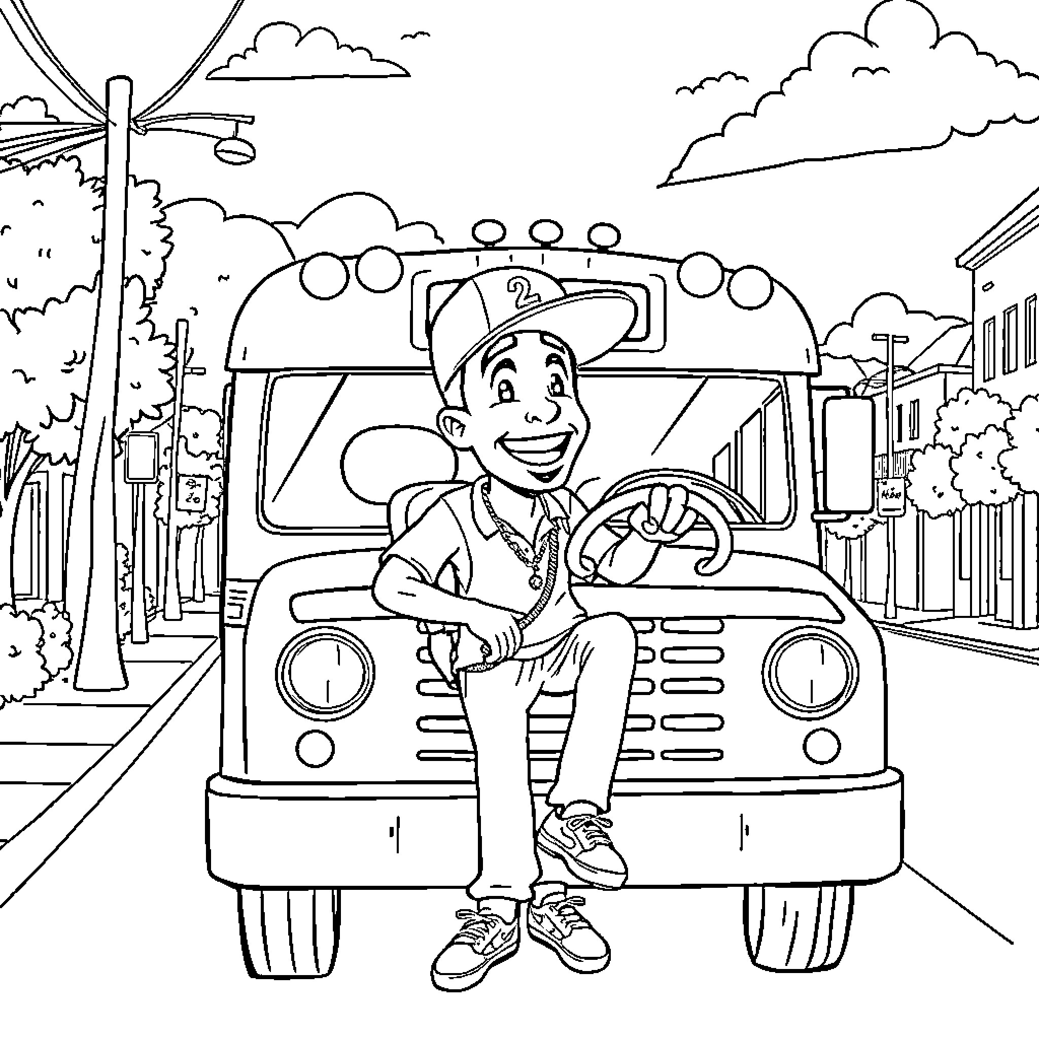 2 Pac driving vintage truck in city street Coloring Page (free black-and-white line drawing printable PDF for all, from beginners to advanced learners, including children, teens, adults, and seniors)