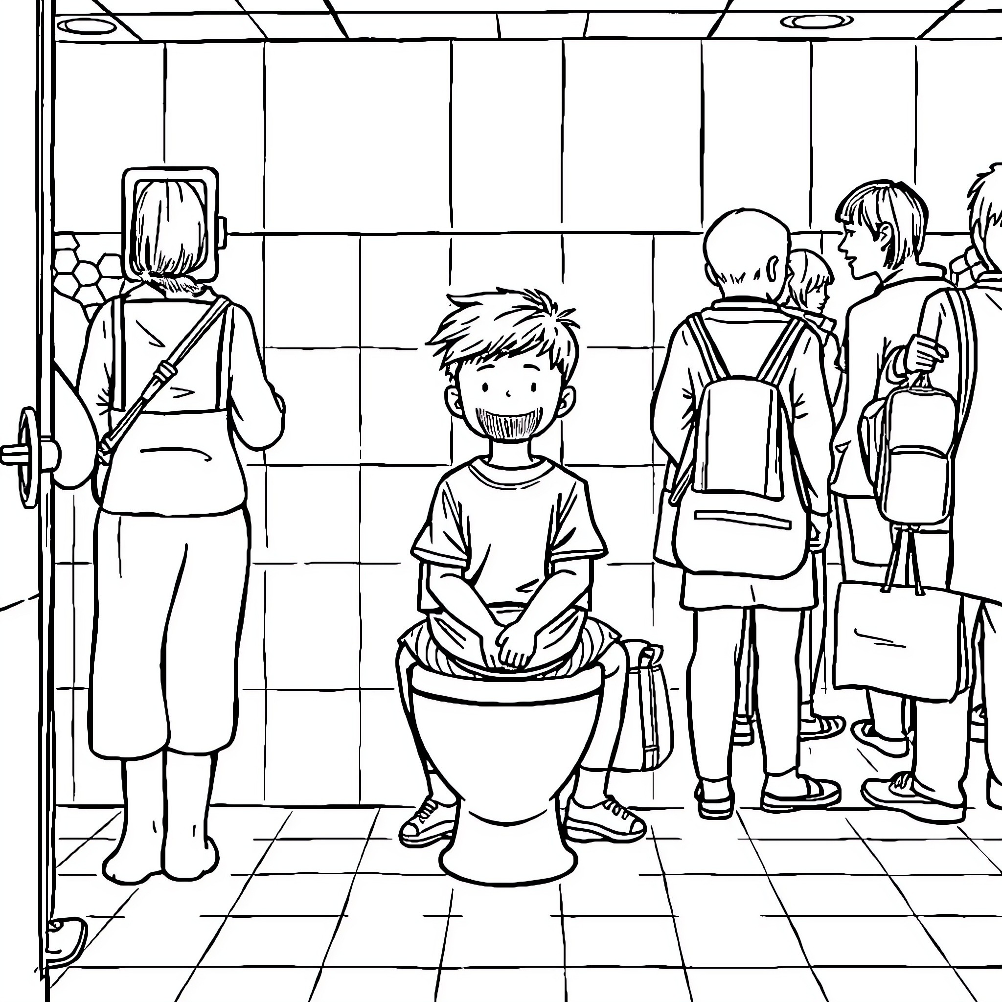 Boy waiting patiently in crowded bathroom Coloring Page (free black-and-white line drawing printable PDF for all, from beginners to advanced learners, including children, teens, adults, and seniors)