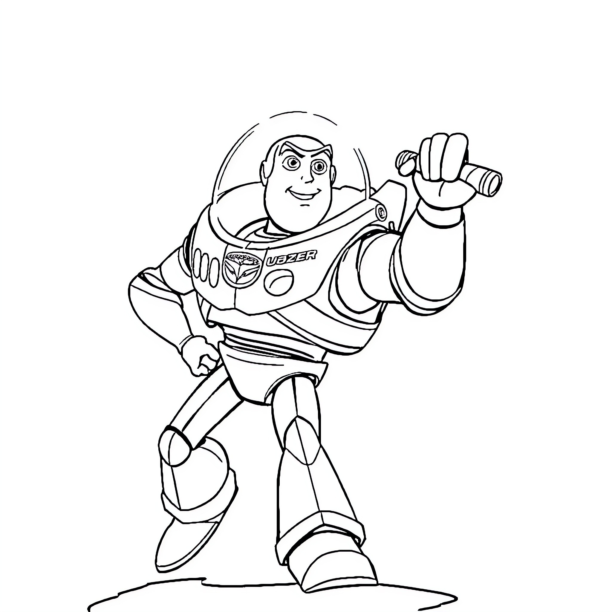 Buzz Lightyear in action pose with jetpack Coloring Page (free black-and-white line drawing printable PDF for all, from beginners to advanced learners, including children, teens, adults, and seniors)