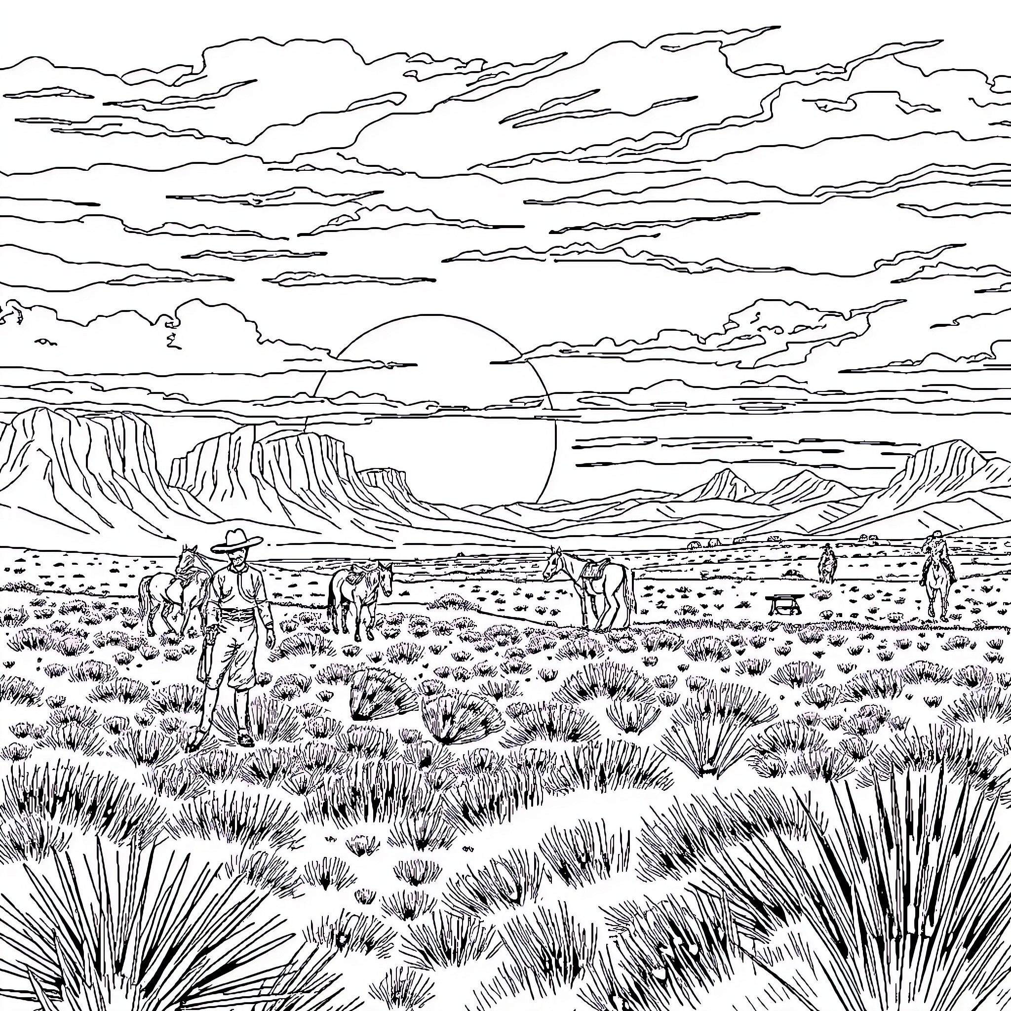 Dead explorers traversing the barren desert landscape Coloring Page (free black-and-white line drawing printable PDF for all, from beginners to advanced learners, including children, teens, adults, and seniors)