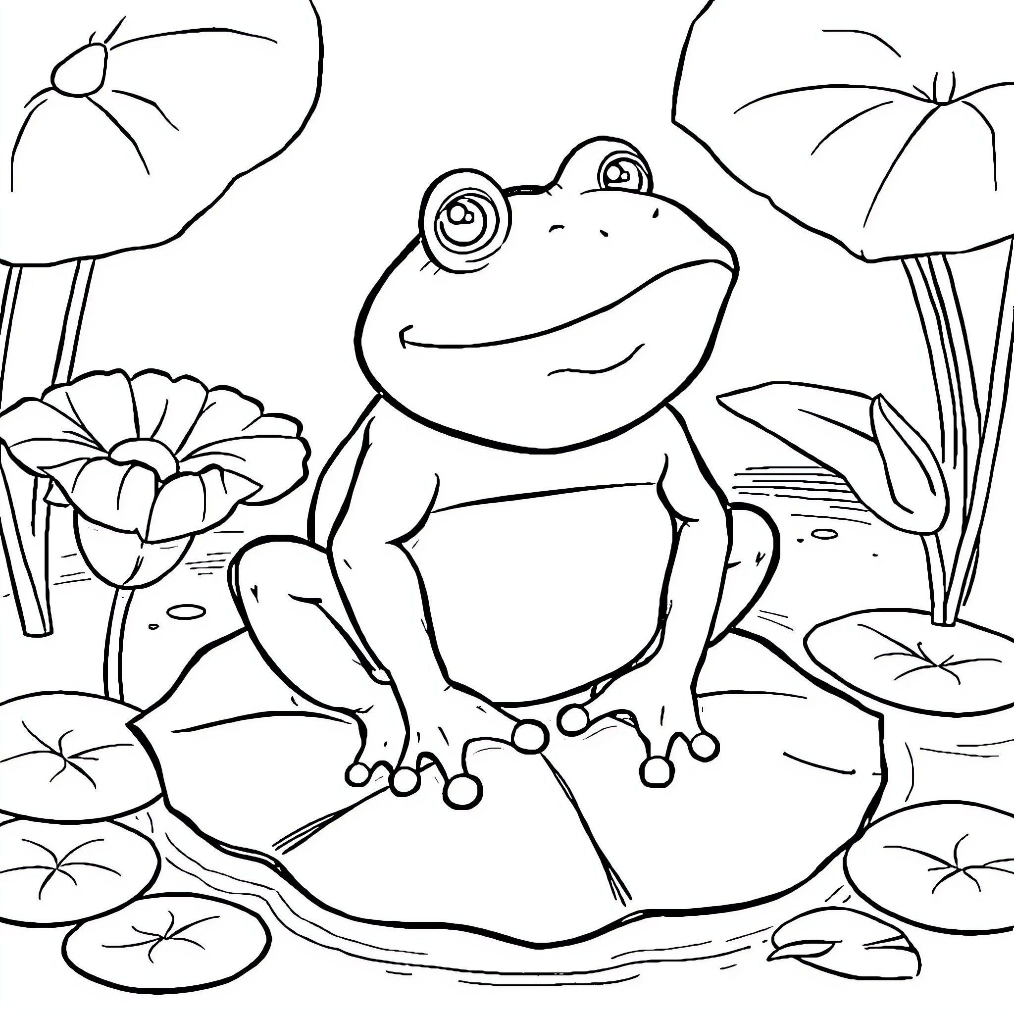 Toad sitting happily in a garden Coloring Page (free black-and-white line drawing printable PDF for all, from beginners to advanced learners, including children, teens, adults, and seniors)