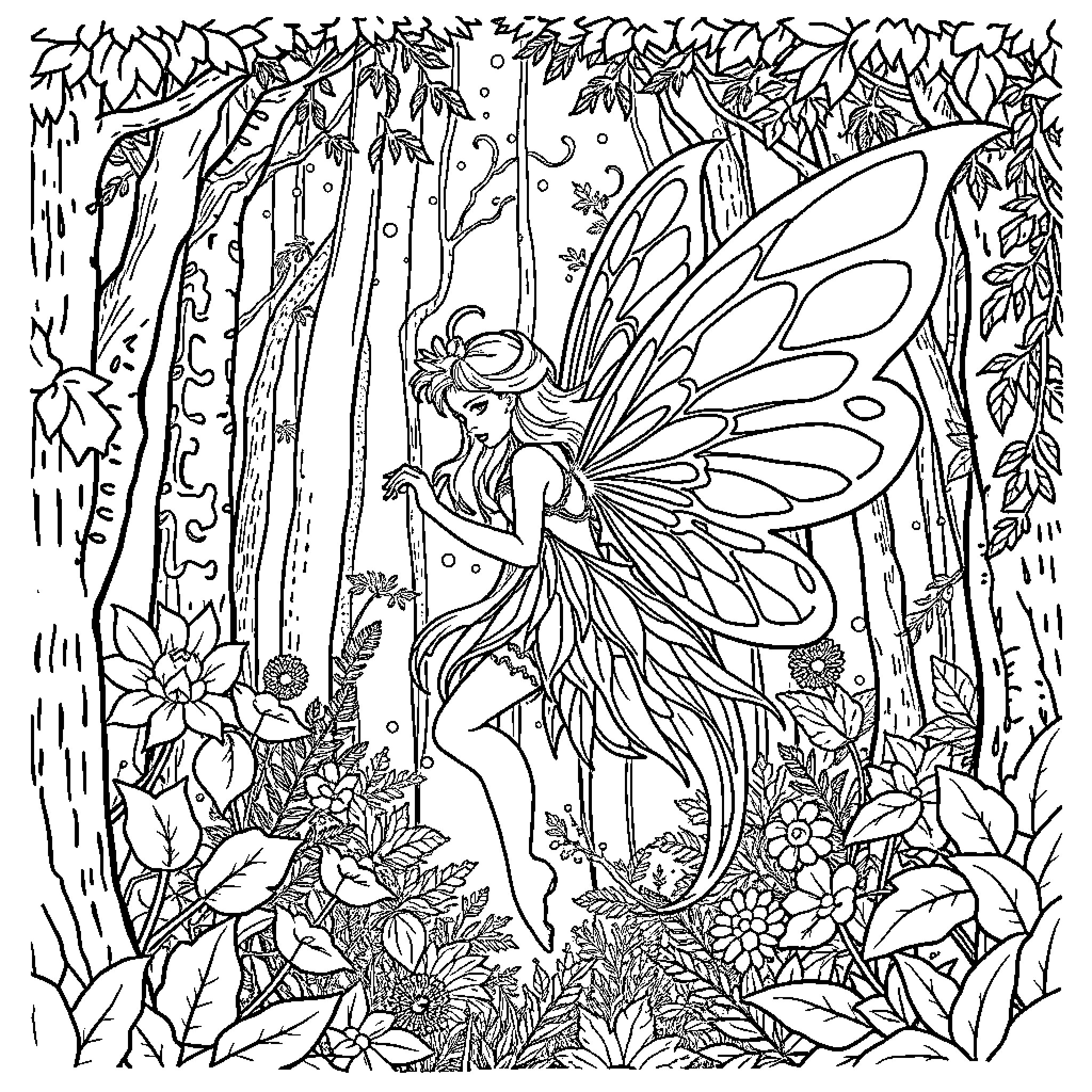 Fairy Enchantress in Whimsical Forest Wonderland Coloring Page (free black-and-white line drawing printable PDF for all, from beginners to advanced learners, including children, teens, adults, and seniors)