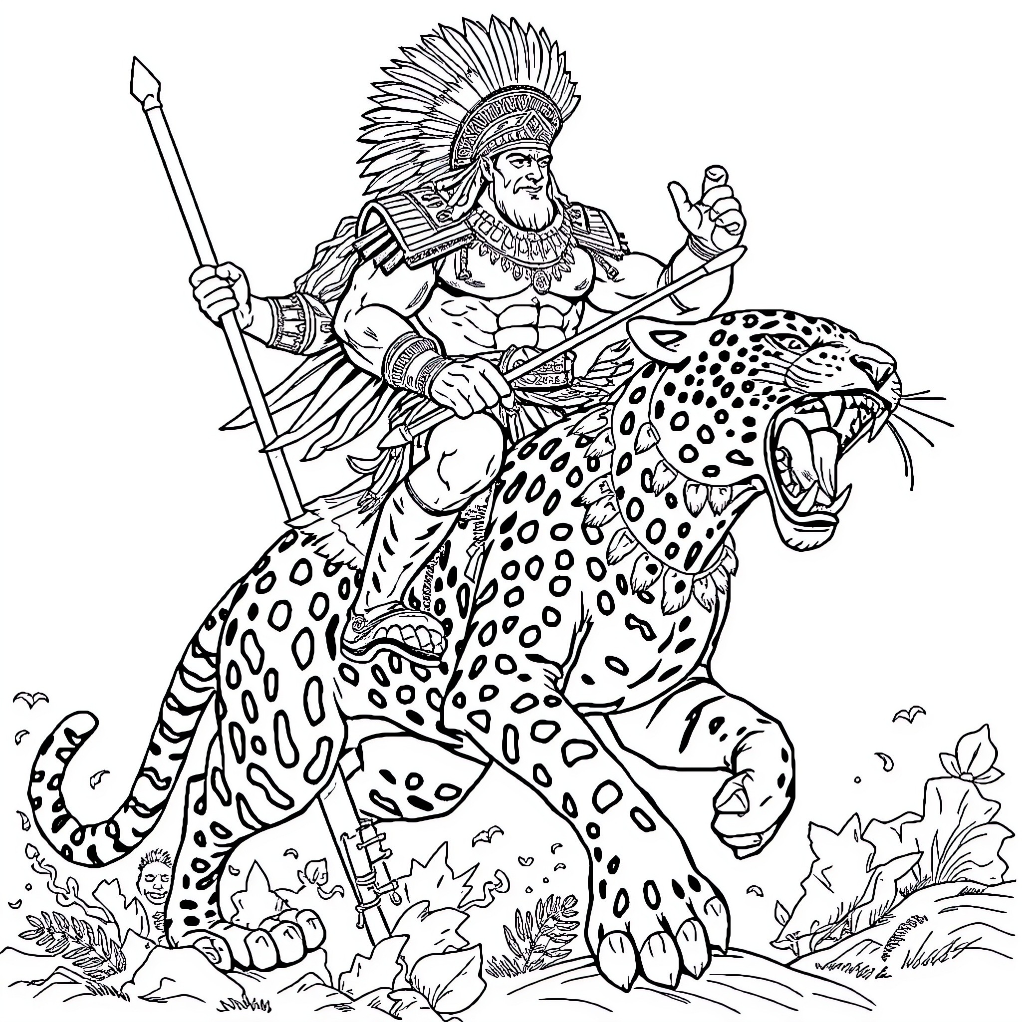 Mayan Warrior Riding Fearsome Jaguar Coloring Page (free black-and-white line drawing printable PDF for all, from beginners to advanced learners, including children, teens, adults, and seniors)