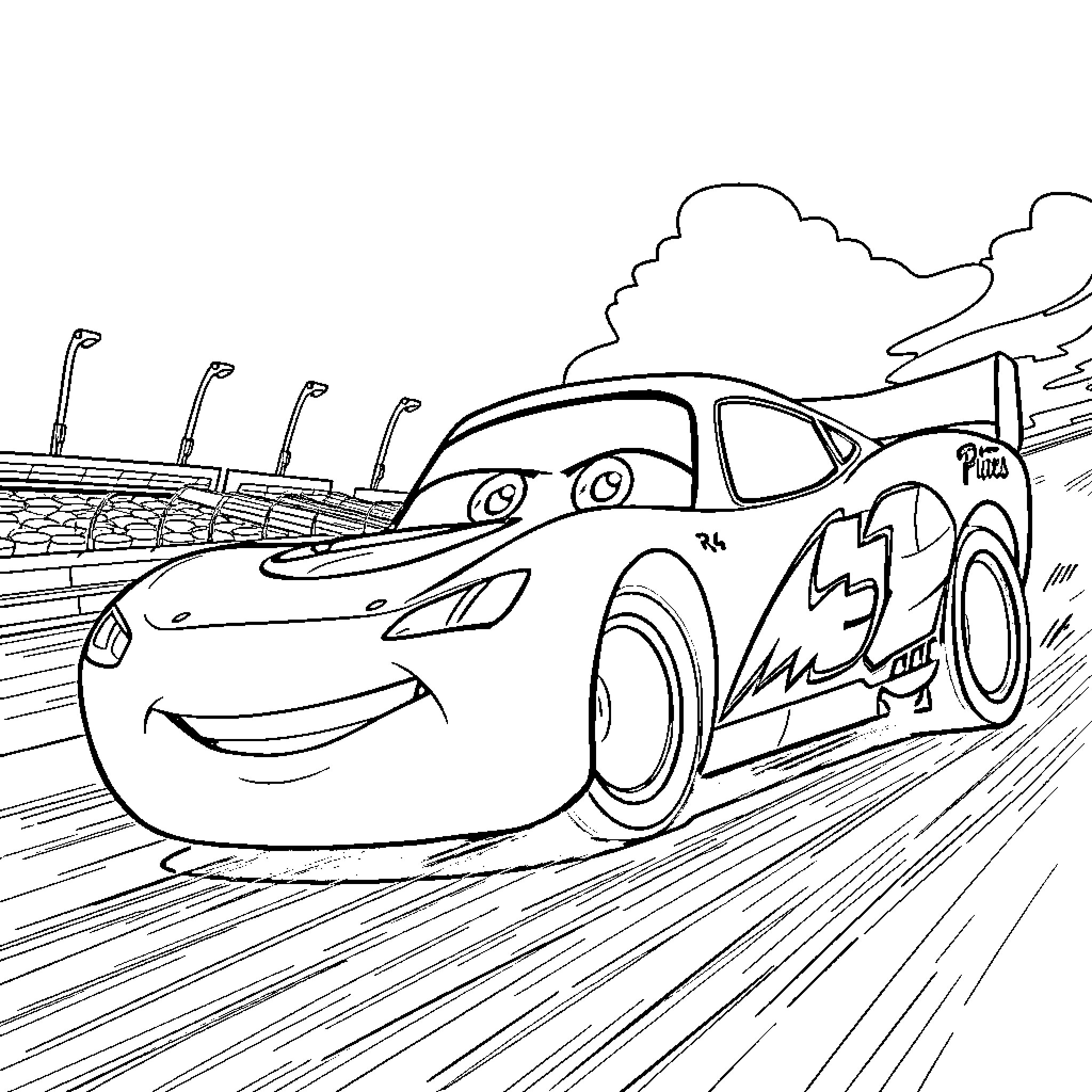 Rayo MC Queen racing on the track Coloring Page (free black-and-white line drawing printable PDF for all, from beginners to advanced learners, including children, teens, adults, and seniors)