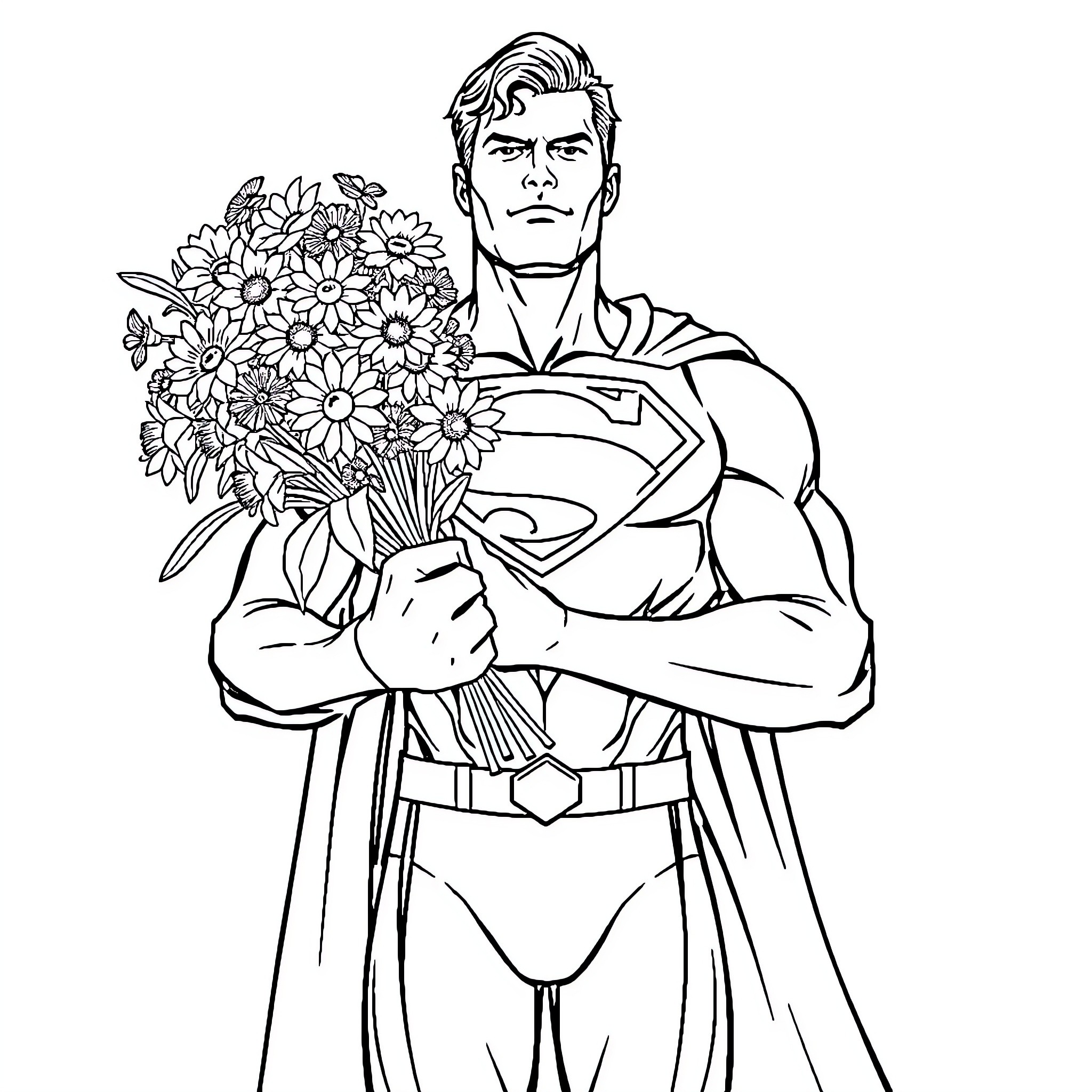 Superman offering a bouquet of flowers Coloring Page (free black-and-white line drawing printable PDF for all, from beginners to advanced learners, including children, teens, adults, and seniors)