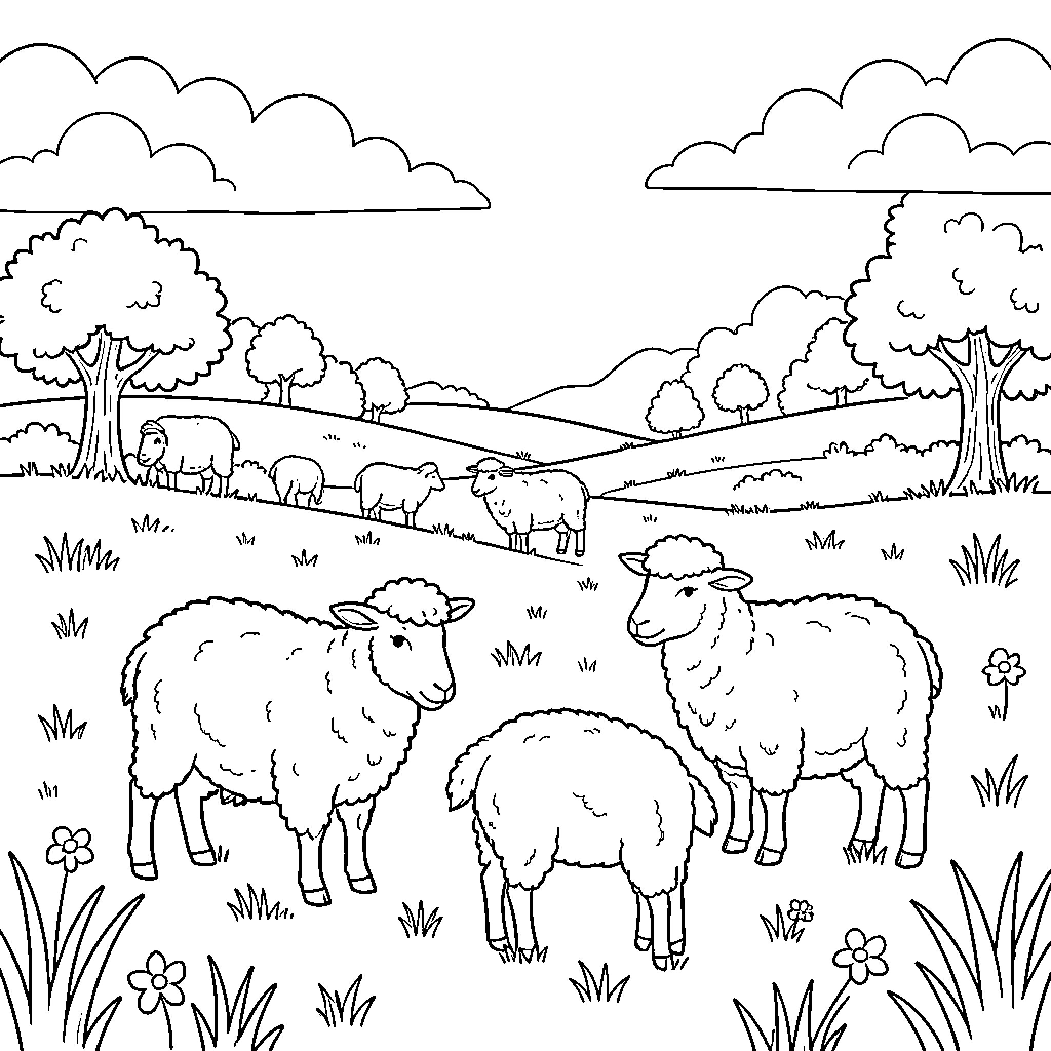 Montons' Pastoral Landscape with Sheep Coloring Page (free black-and-white line drawing printable PDF for all, from beginners to advanced learners, including children, teens, adults, and seniors)