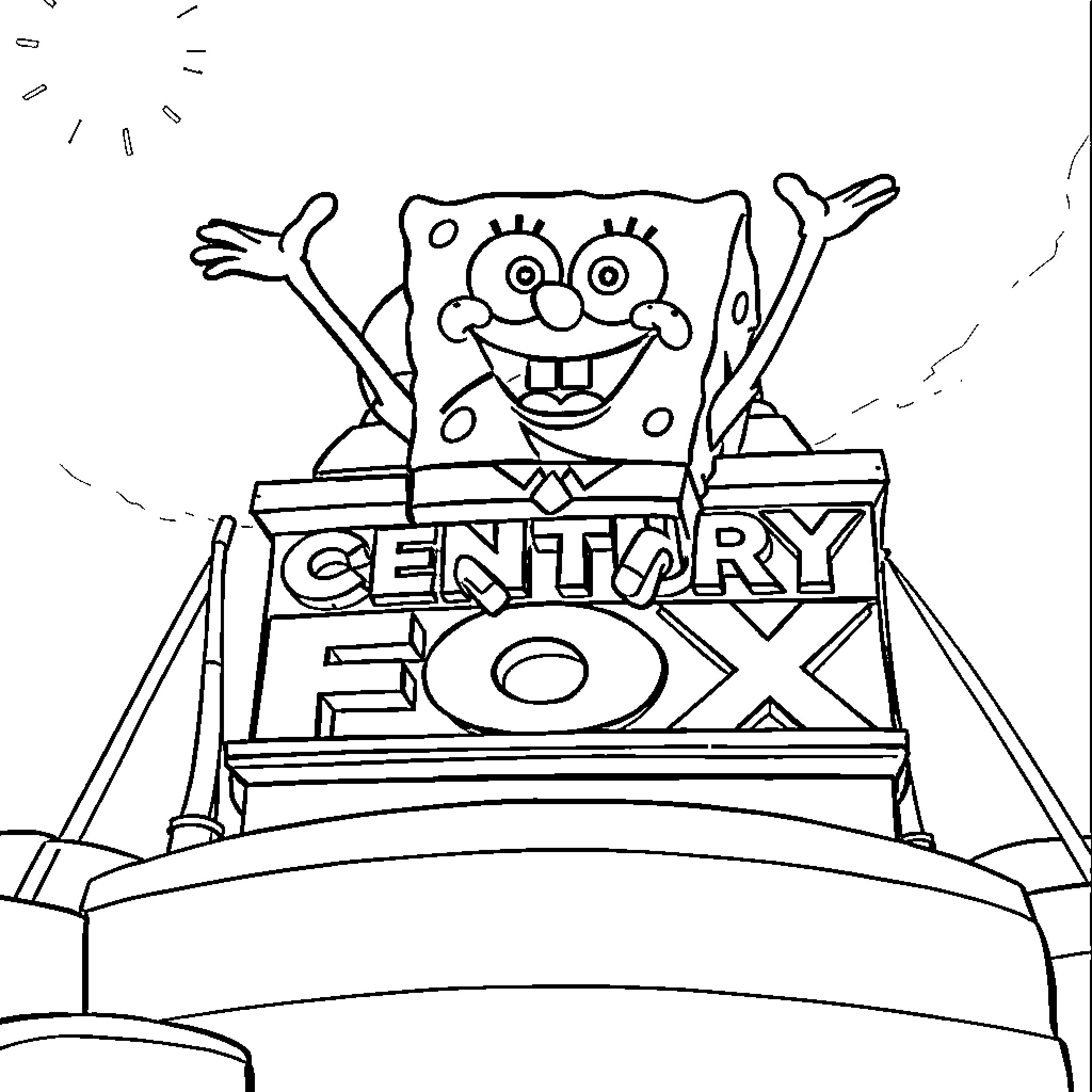 Spongebob exuberantly presenting at Century Fox Coloring Page (free black-and-white line drawing printable PDF for all, from beginners to advanced learners, including children, teens, adults, and seniors)