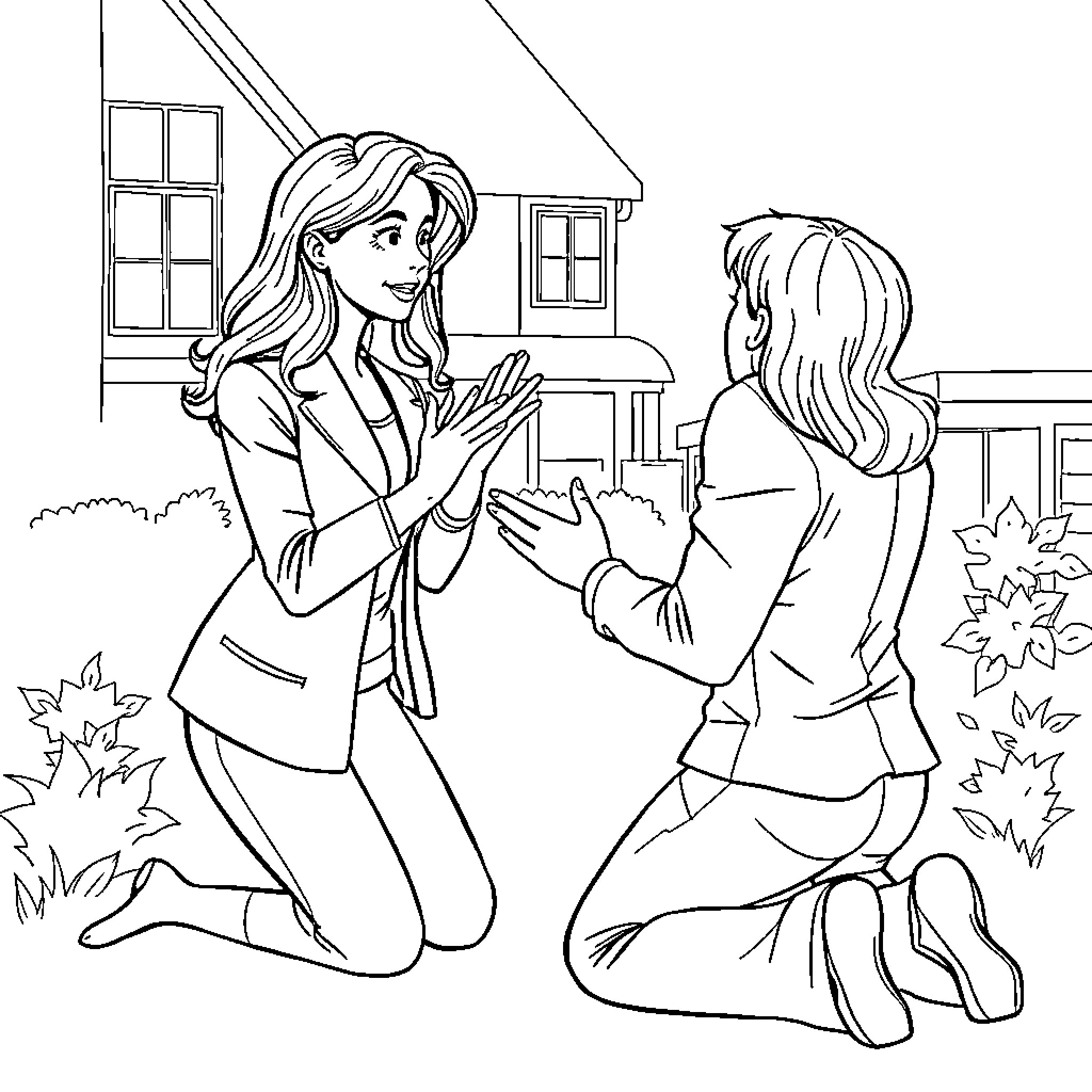 Realtor discussing property with prospective client outdoors Coloring Page (free black-and-white line drawing printable PDF for all, from beginners to advanced learners, including children, teens, adults, and seniors)